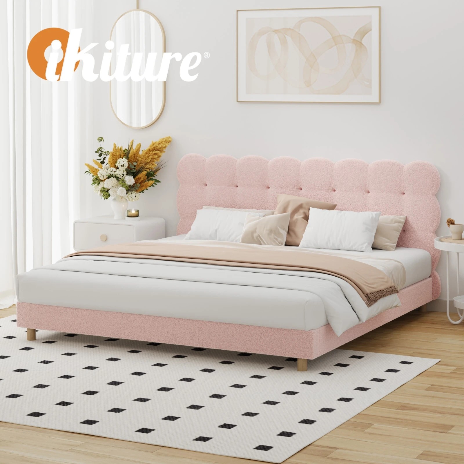6 Oikiture Bed Frame King Size Tufted Bedhead Boucle Fabric - Pink, 6 of 9