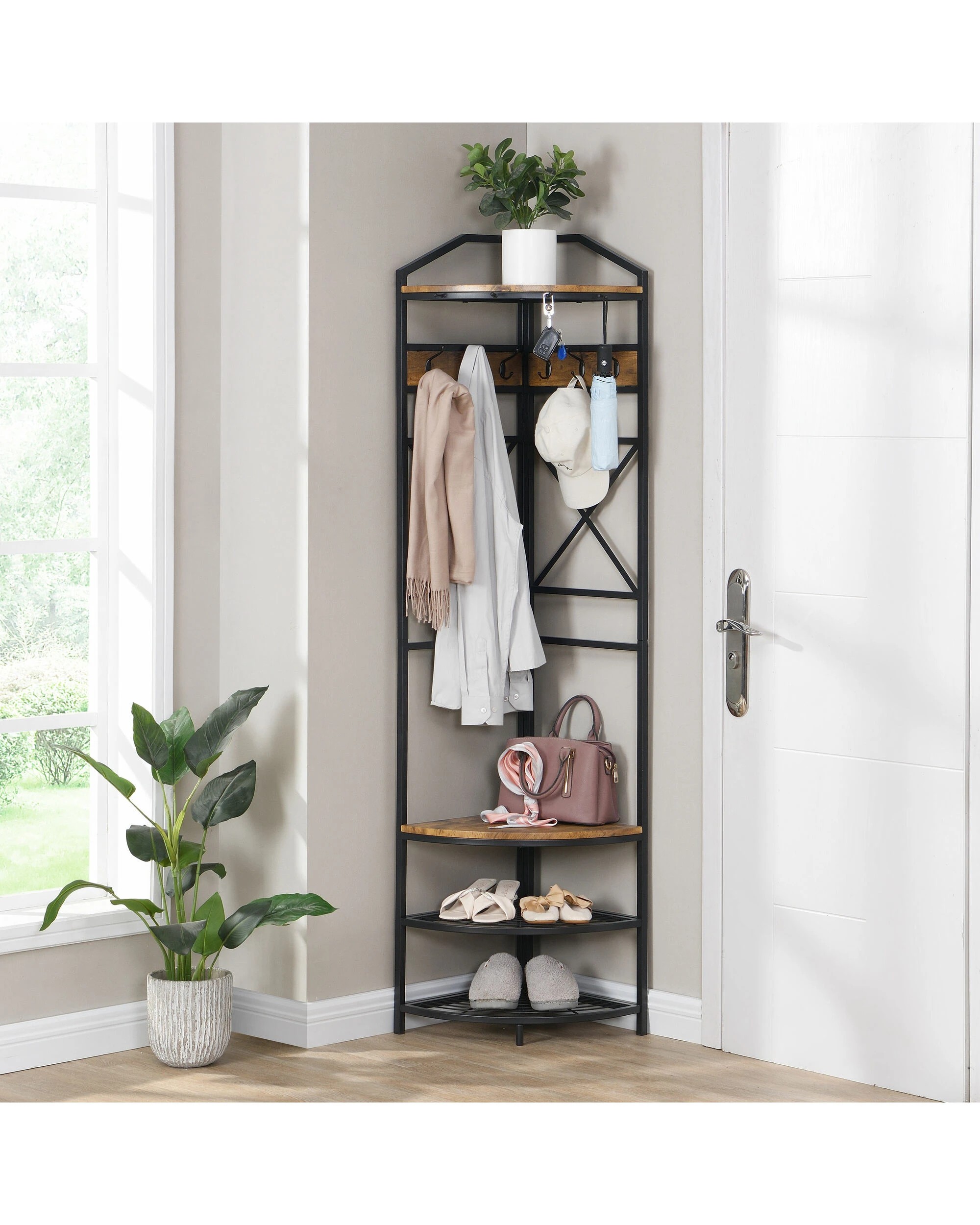 2 IHOMDEC Corner Hall Tree - Brown, 2 of 10