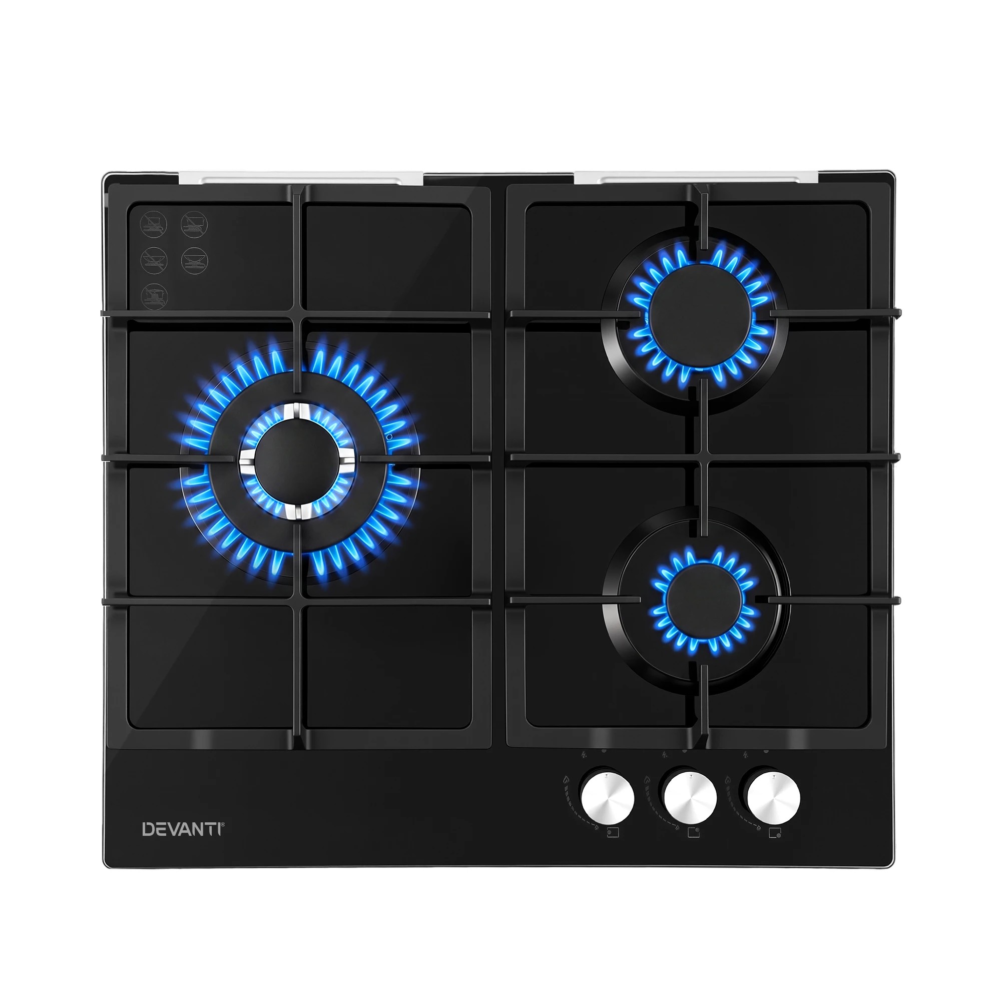 1 Devanti 59cm Gas Cooktop 3 Burner - Black, 1 of 10