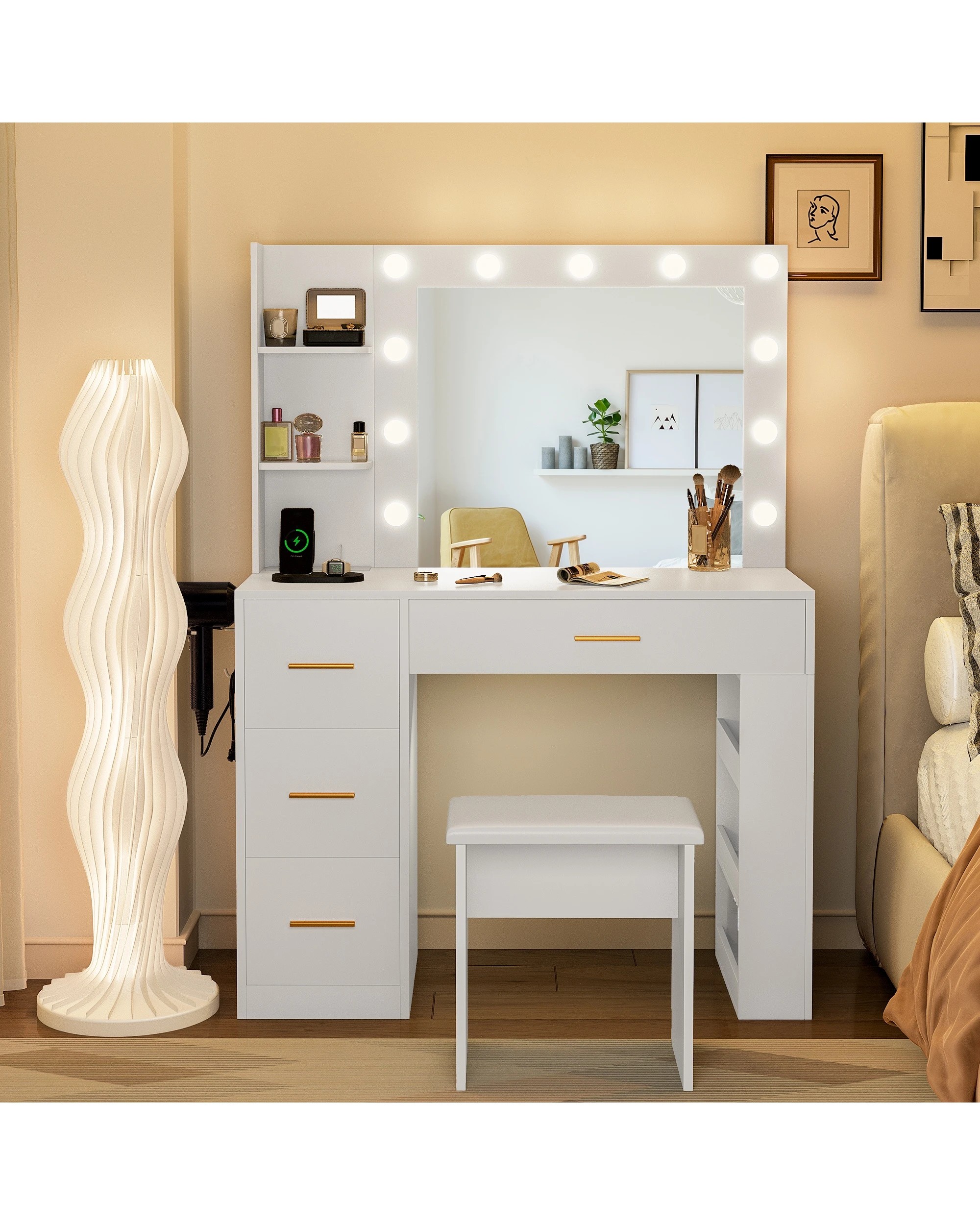 4 Advwin Dressing Table Vanity Desk with Mirror and 11 Bulbs Lights Charging Station - White, 4 of 10