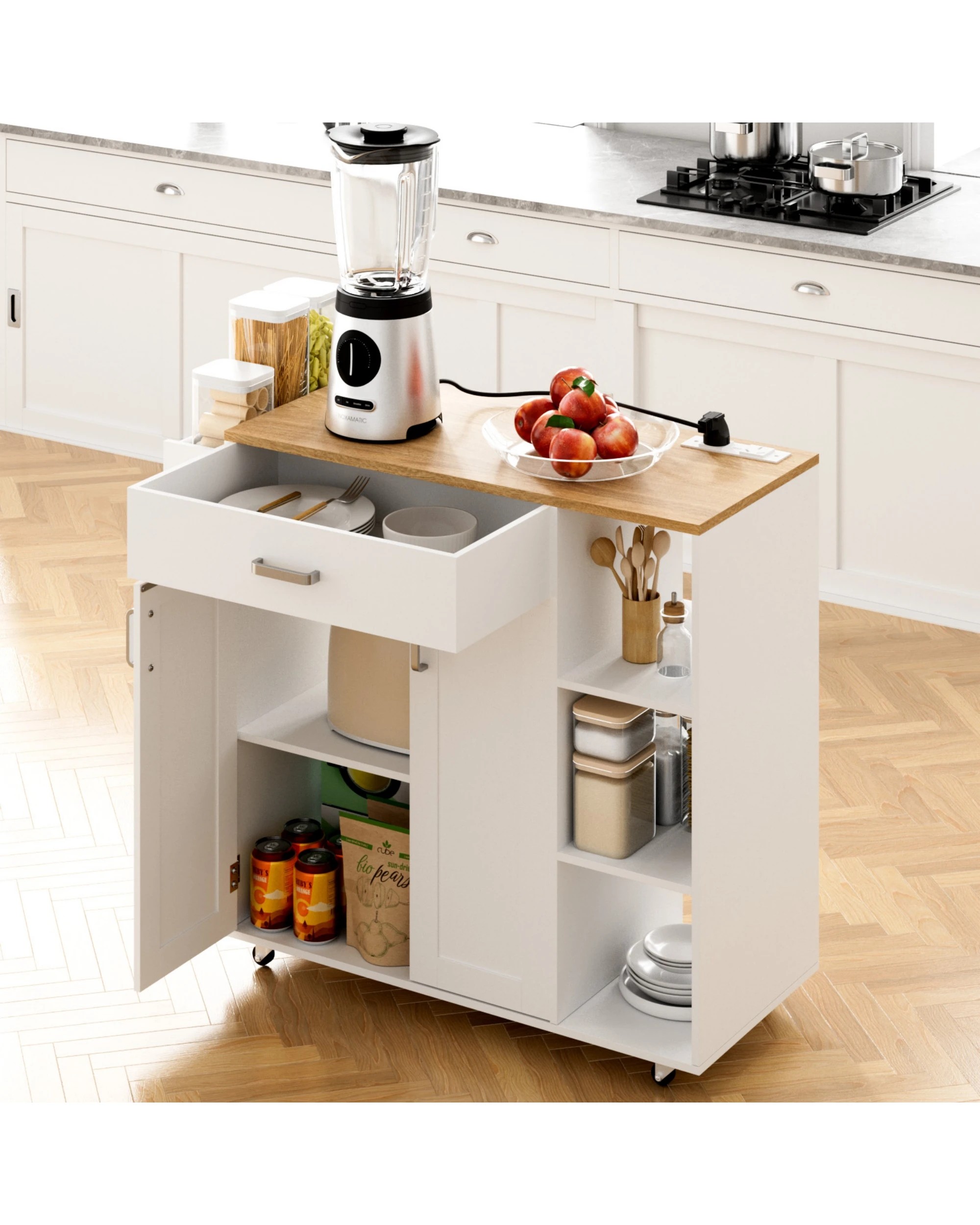 3 Advwin Kitchen Island Cart Rolling Trolley Cabinet on Wheels with Charging Station Adjustable Shelves Spice Rack - White, 3 of 8