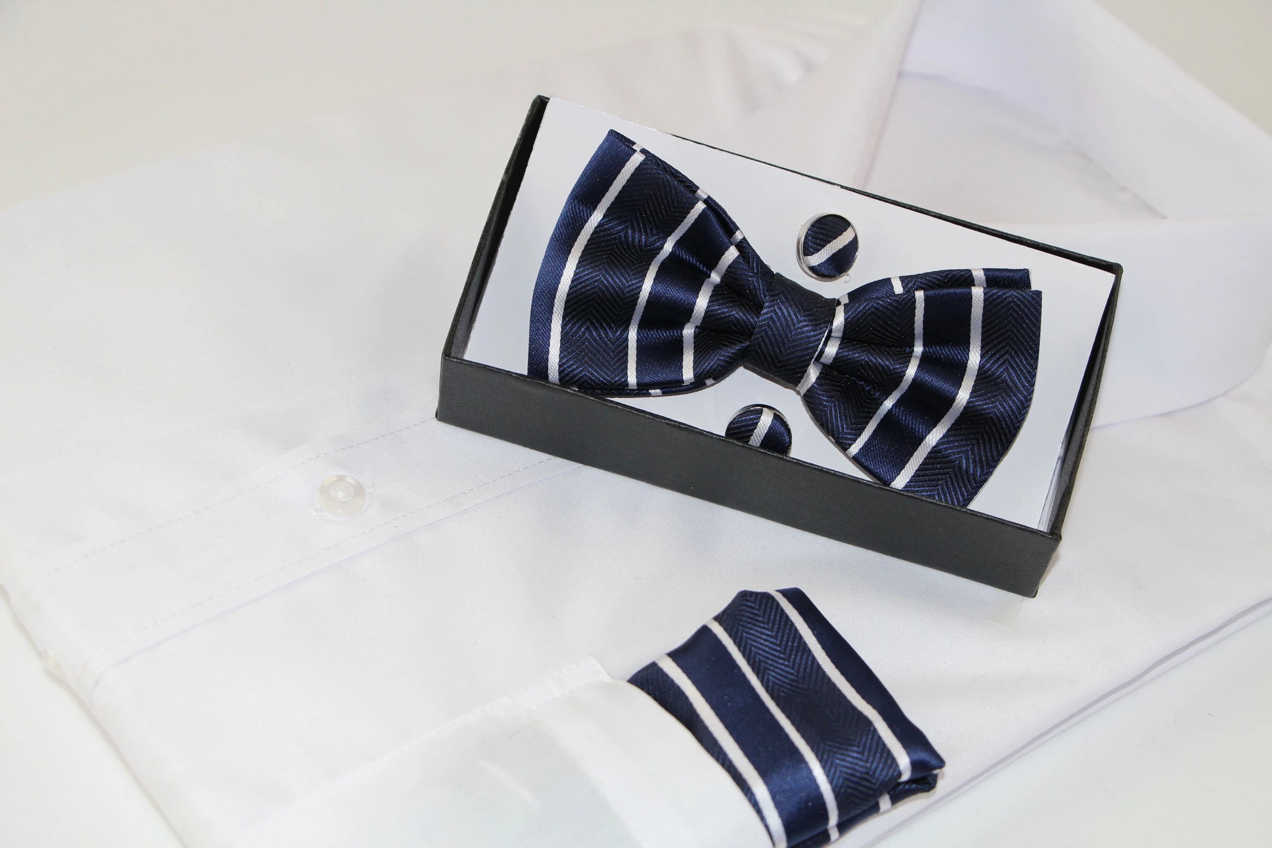 1 Zasel Mens Navy Textured Stripe Matching Bow Tie, Pocket Square & Cuff Links Set - Multi, 1 of 1