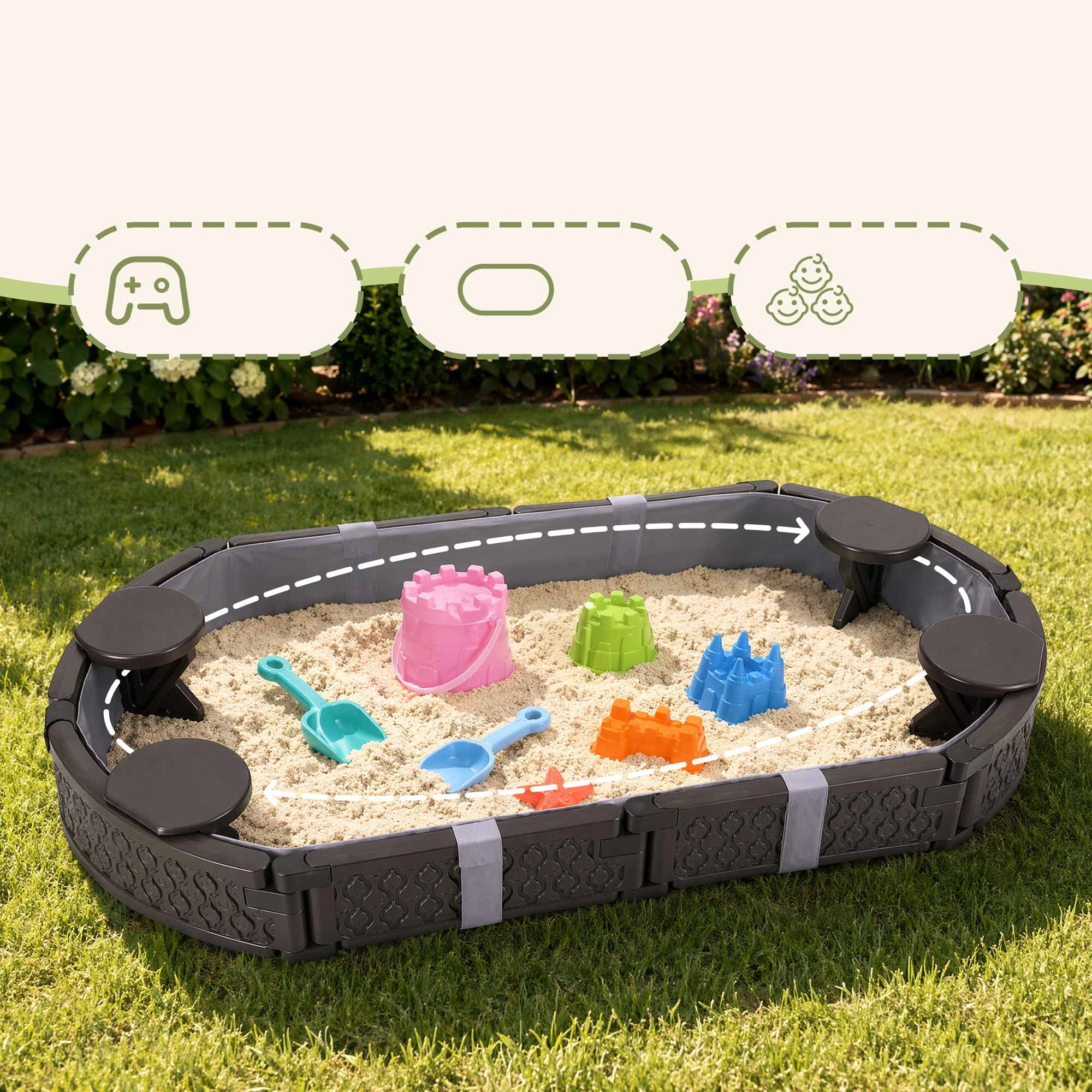 7 Keezi Kids Oval Outdoor Sandpit Toys with 4 Seats and Grey Liner Cloth - Brown, 7 of 8