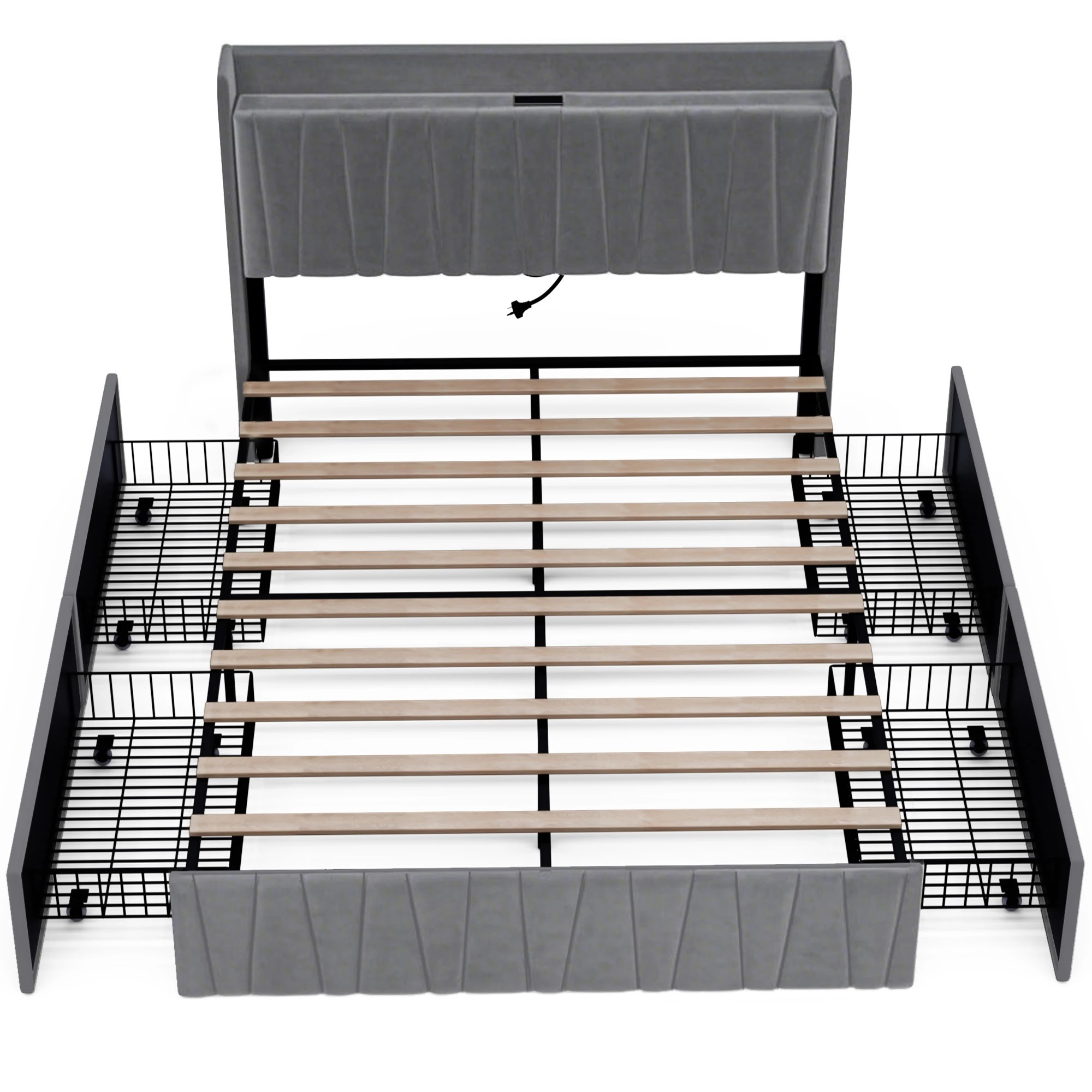 1 Advwin Bed Frame Double Size with 4 Storage Drawers & Charging Station - Grey, 1 of 7