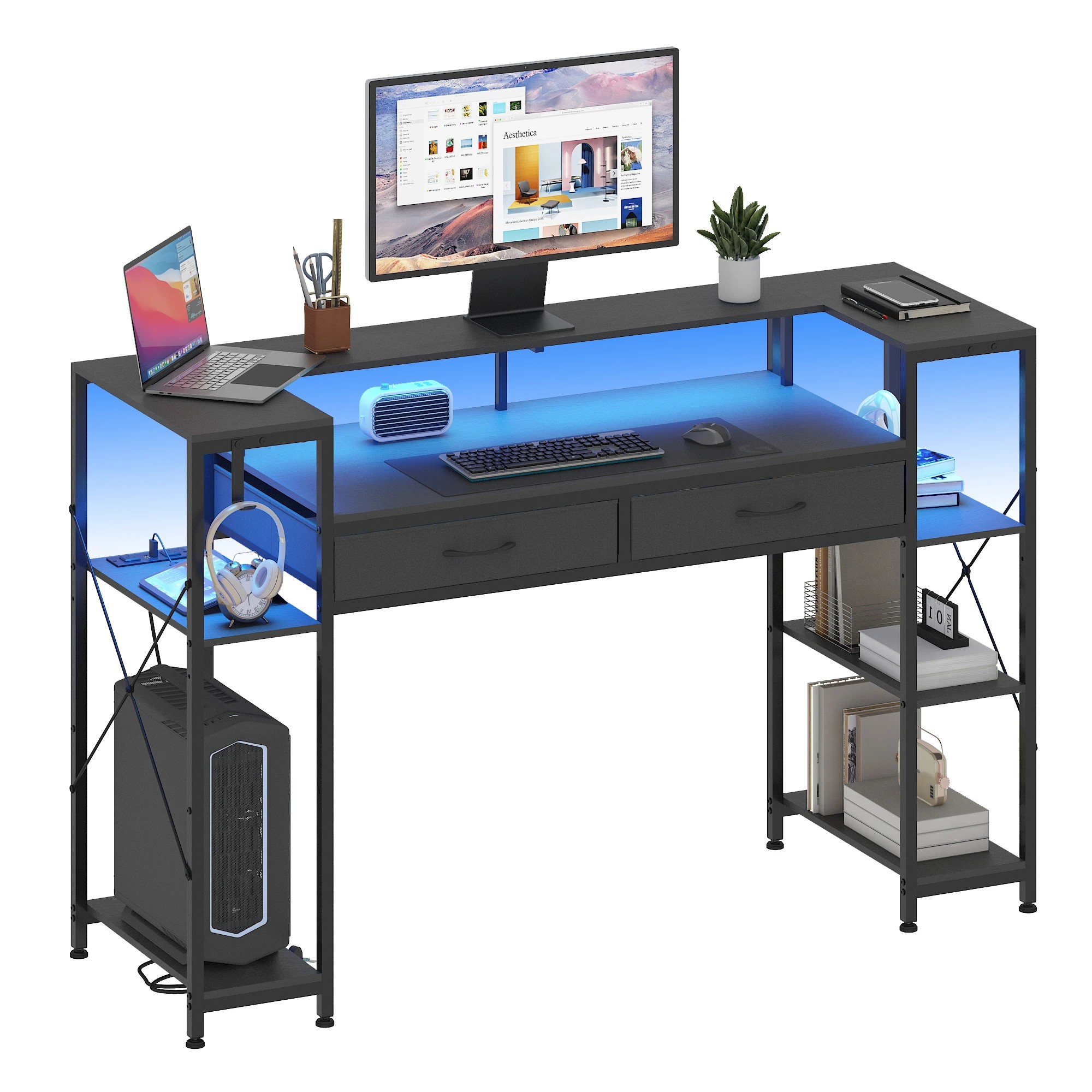 5 Advwin LED Gaming Desk w/ Monitor Stand & Power Outlets  Computer Table w/ Shelf hook - Black, 5 of 9