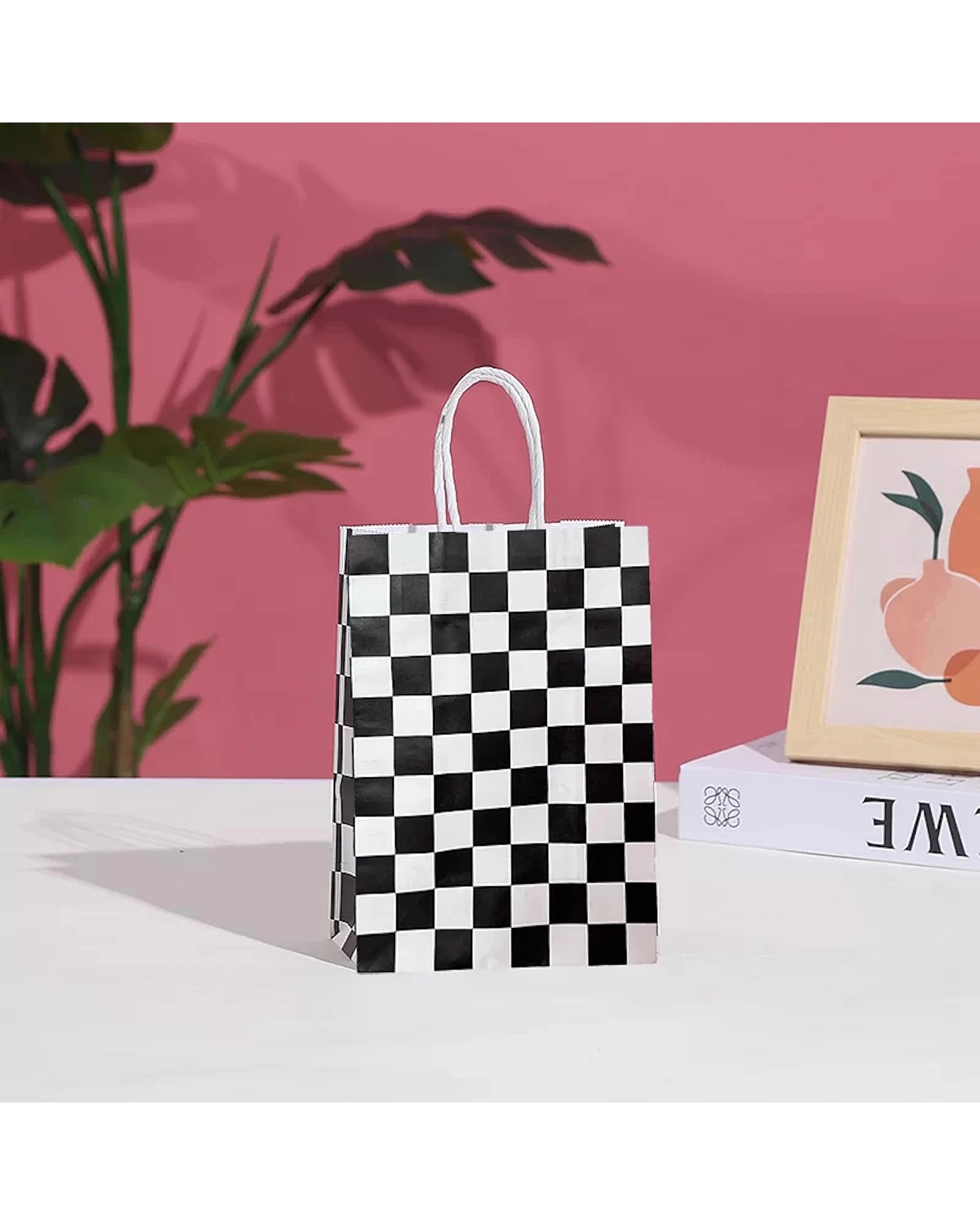 2 Partyrama Black and White Checkered Paper Gift Bags Pack of 4 - White, Black, 2 of 4