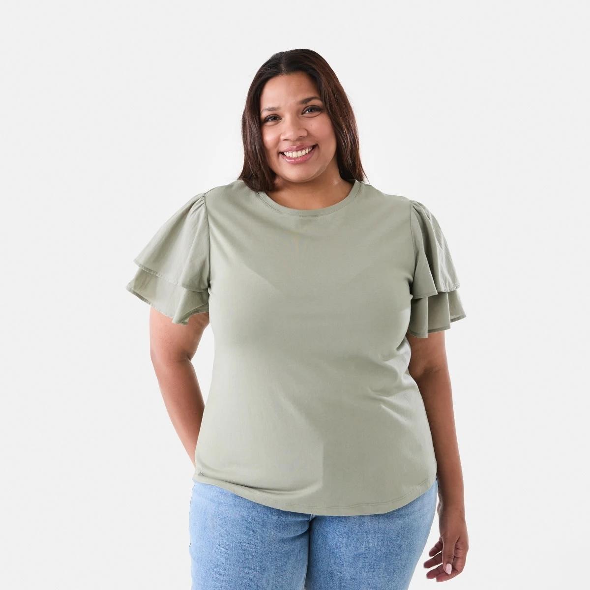 1 Curve Short Woven Sleeve Knit Top Soft Khaki, 1 of 6