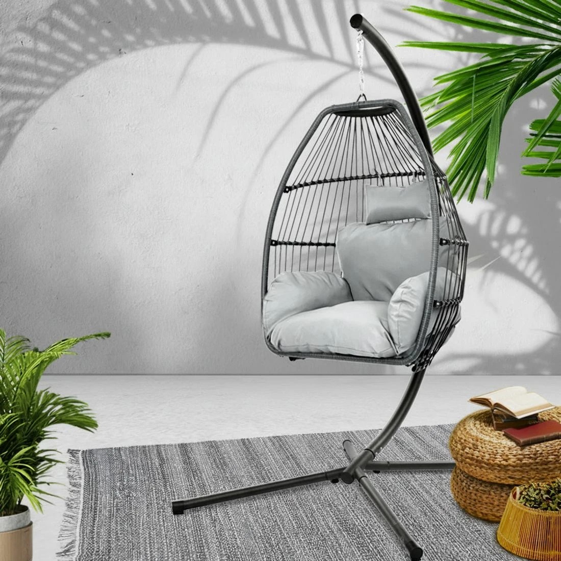 6 Gardeon Outdoor Egg Swing Chair Wicker Rope Furniture Pod Stand Cushion - Grey, 6 of 6