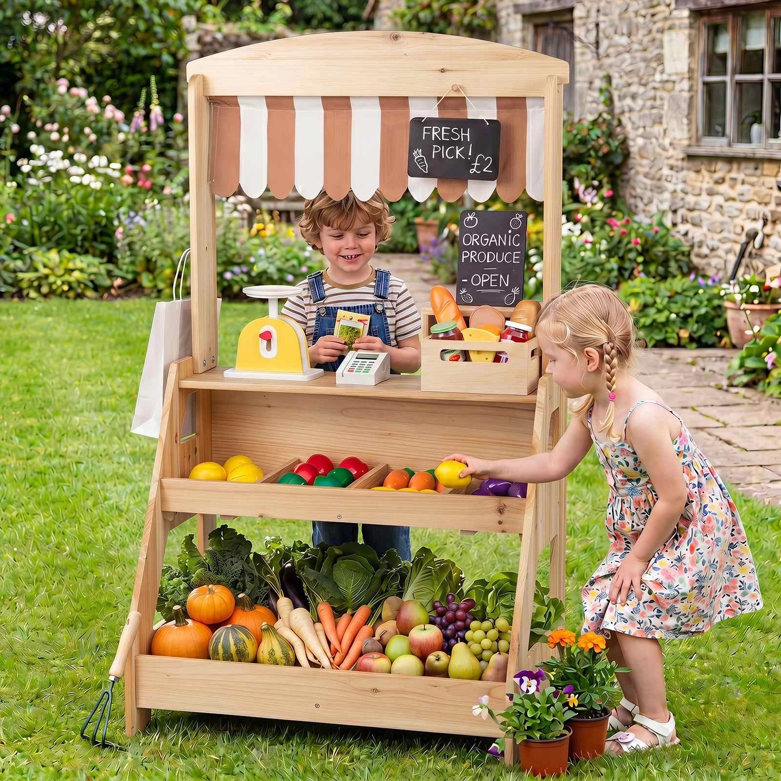 2 Costway Wood Mud Kitchen & Market Stand 2in1 Pretend Playset Planter Box 2 Chalkboard - Natural, 2 of 4