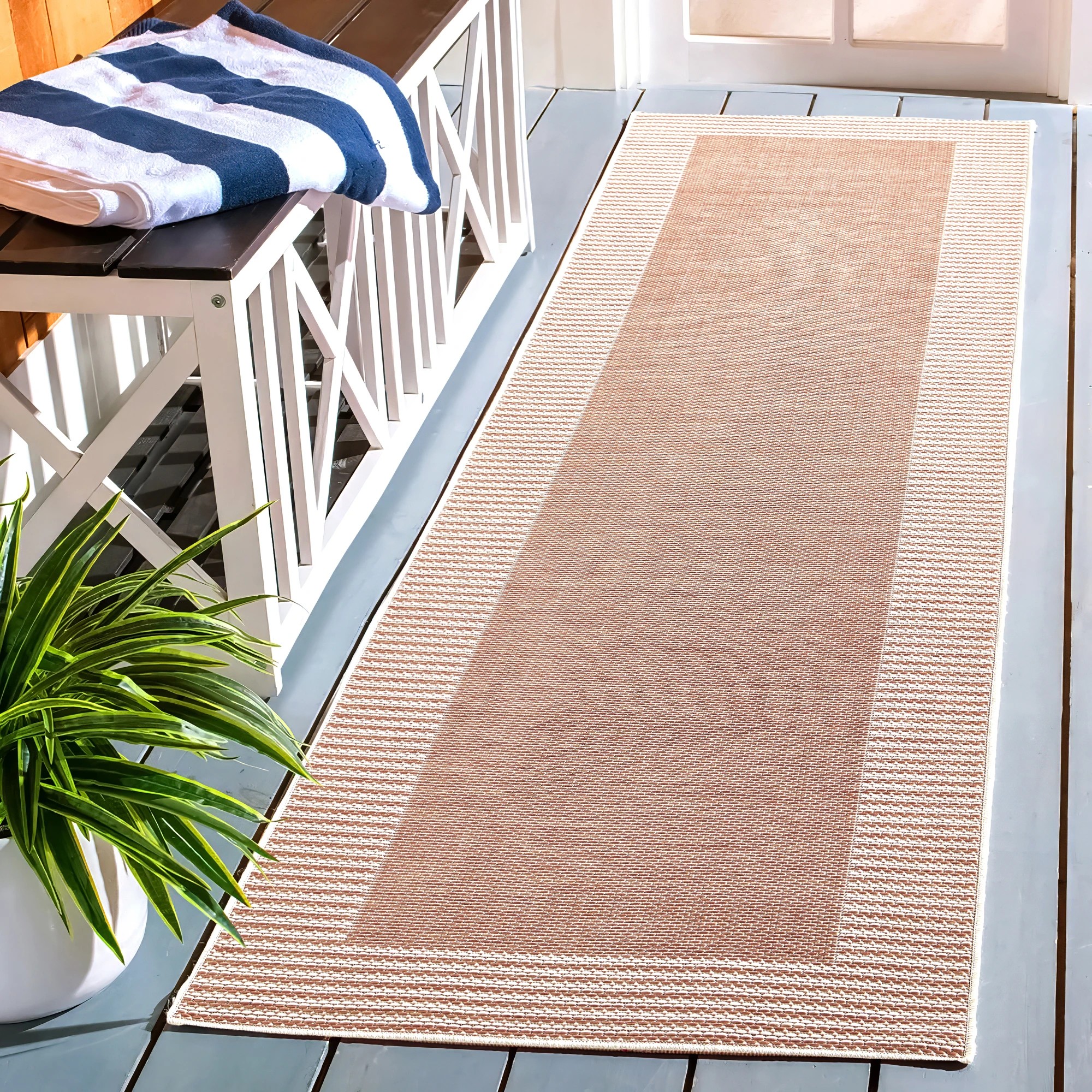 1 Common Ground Rugs Palmline Nero 400x80cm Runner - Large Pet Friendly Outdoor Rug - Red, 1 of 8
