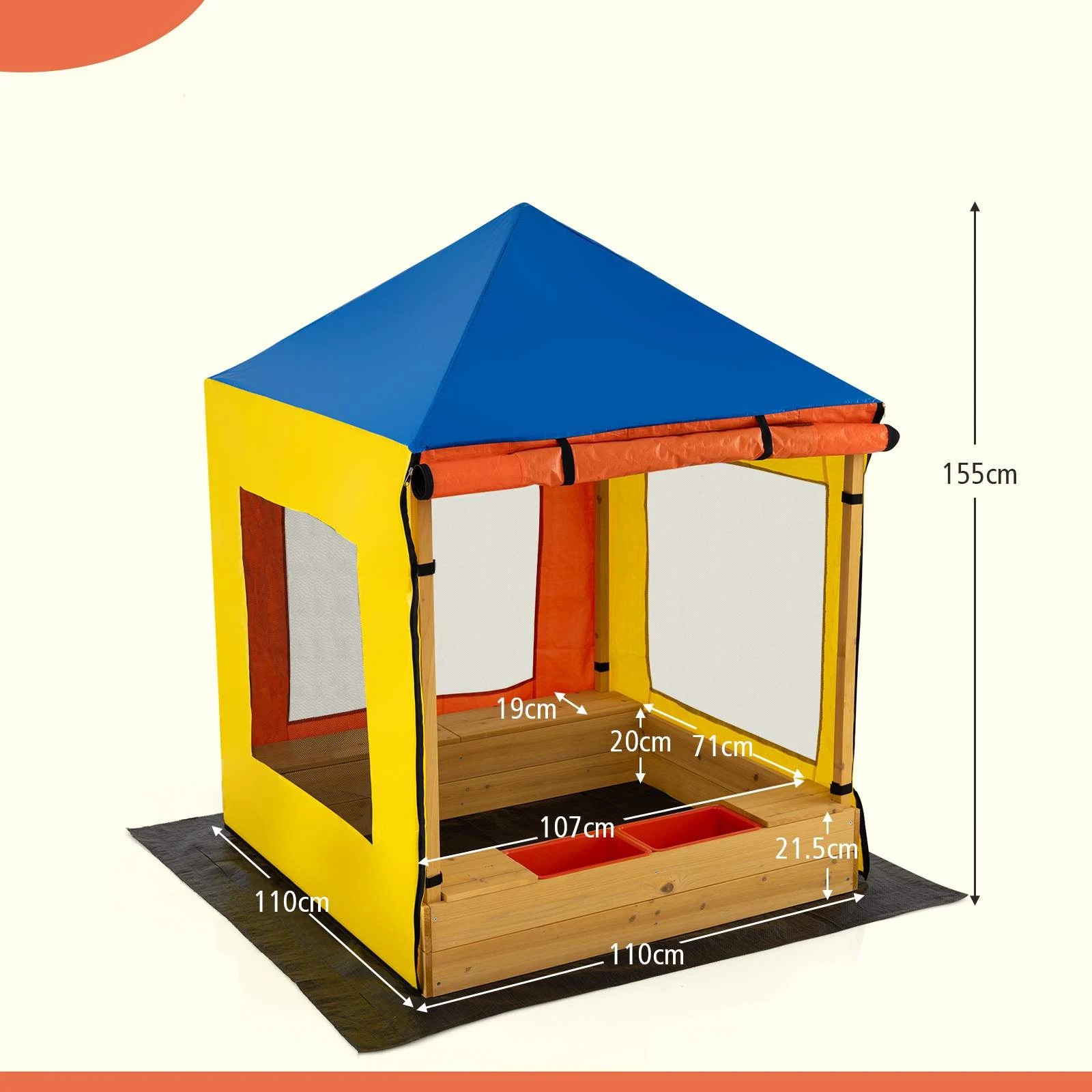 3 Costway Fir Wood Sandpit w/Canopy Bench Seats Roll-up Door Curtains Sandbox - Multi, 3 of 3