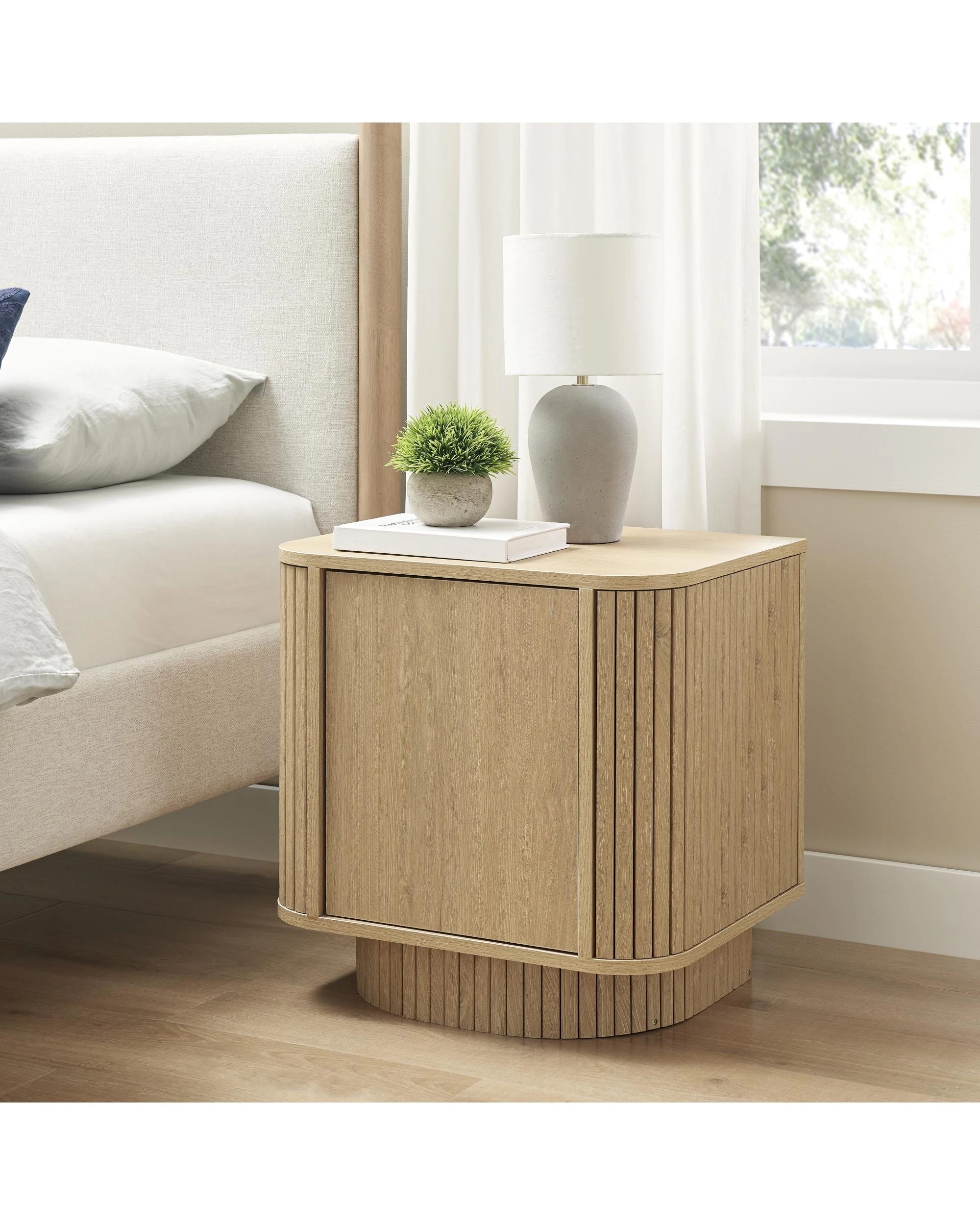 3 Kodu Curved Bedside Unit Nightstand Side Table 1 Door Oak - Natural, 3 of 10