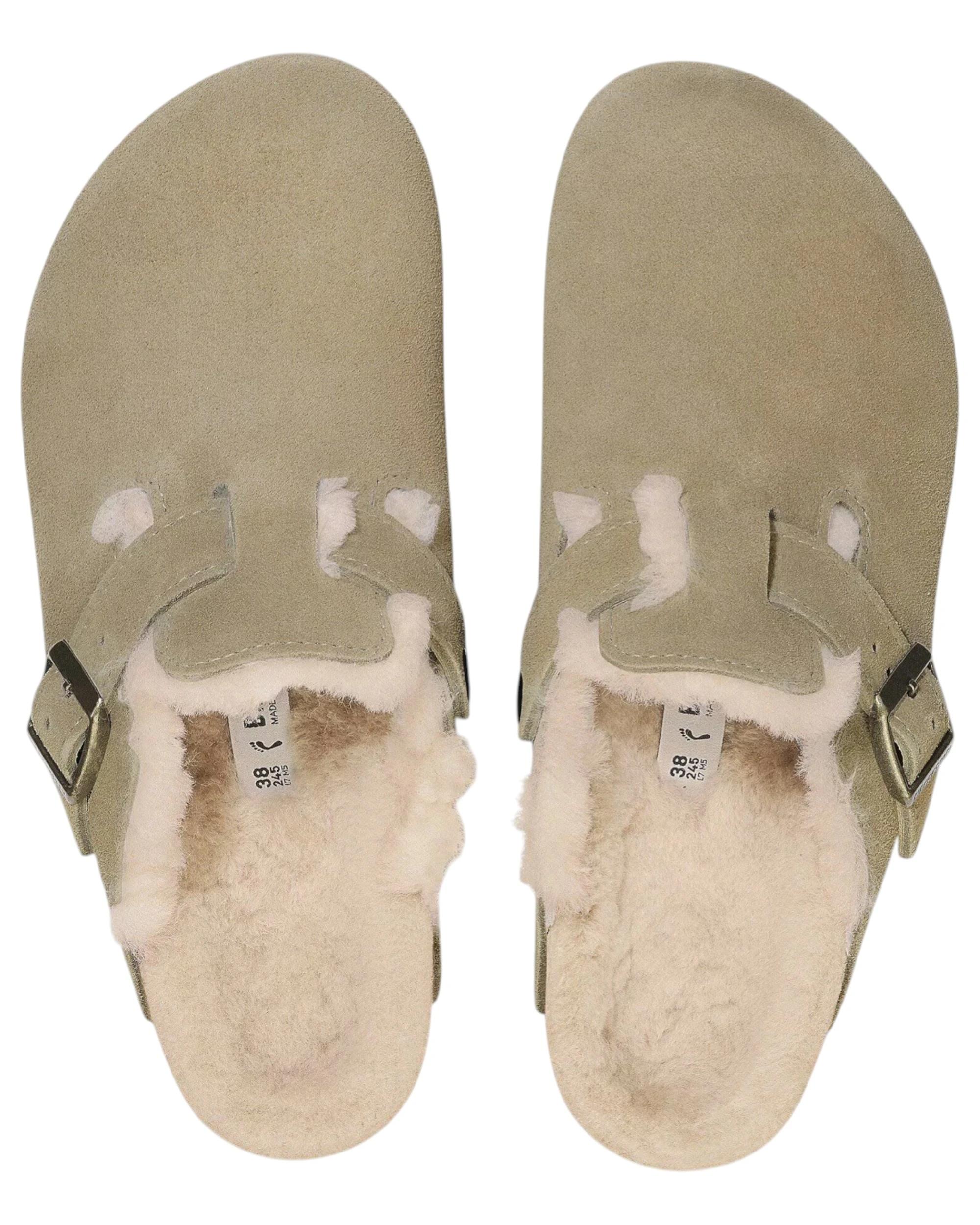 2 Birkenstock Womens Boston Shearling Suede Leather Narrow Slip On Sandals TAUPE, 2 of 8