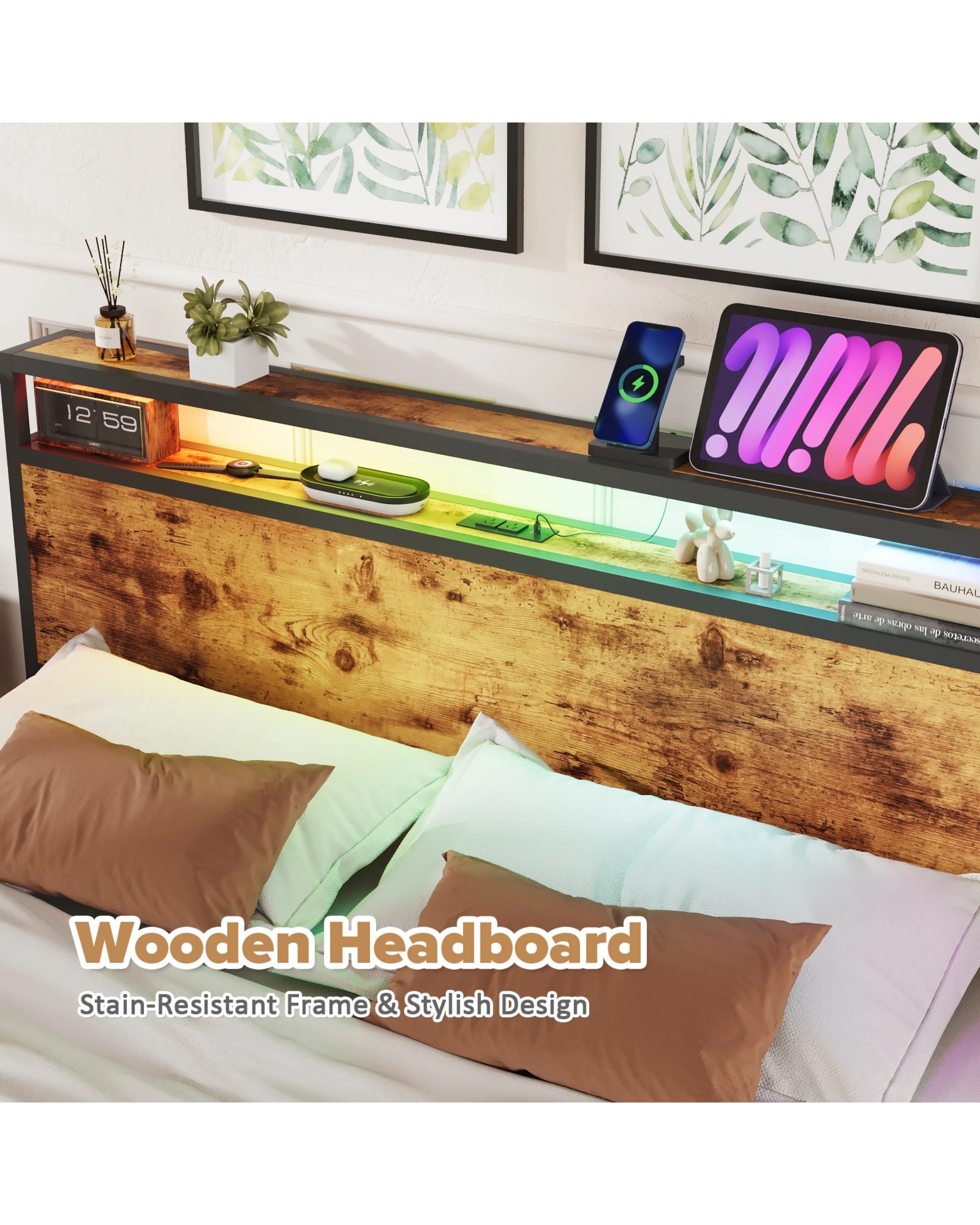 5 Advwin Queen Bed Frame With Charging Station & Rgb Led Lights Storage Headboard, 5 of 8