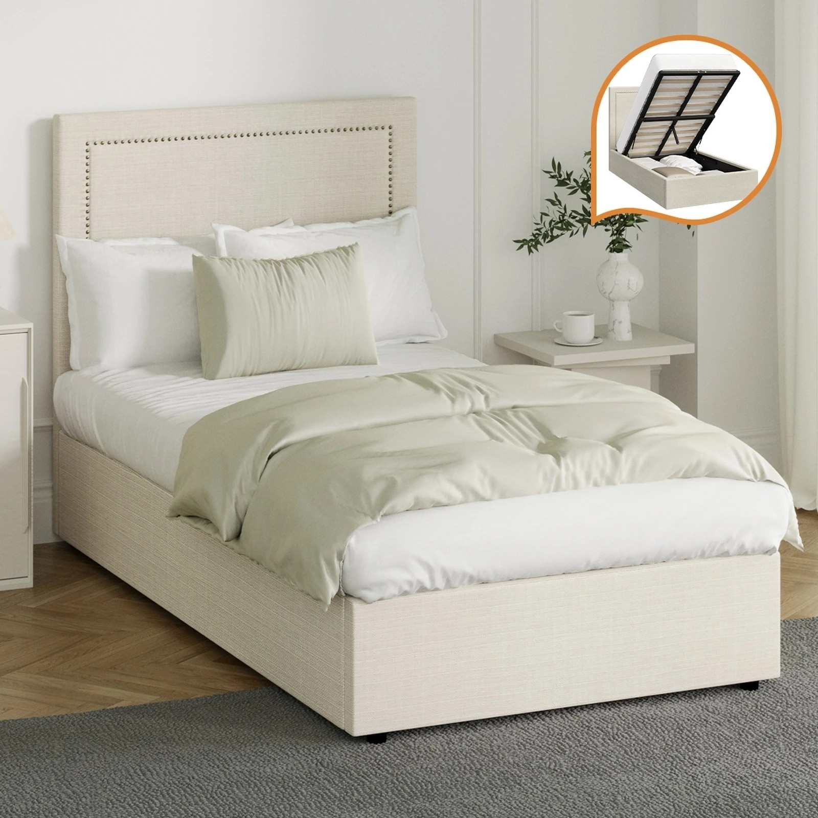 3 Oikiture Bed Frame King Single Gas Lift Base with Storage ADI - Beige, 3 of 10