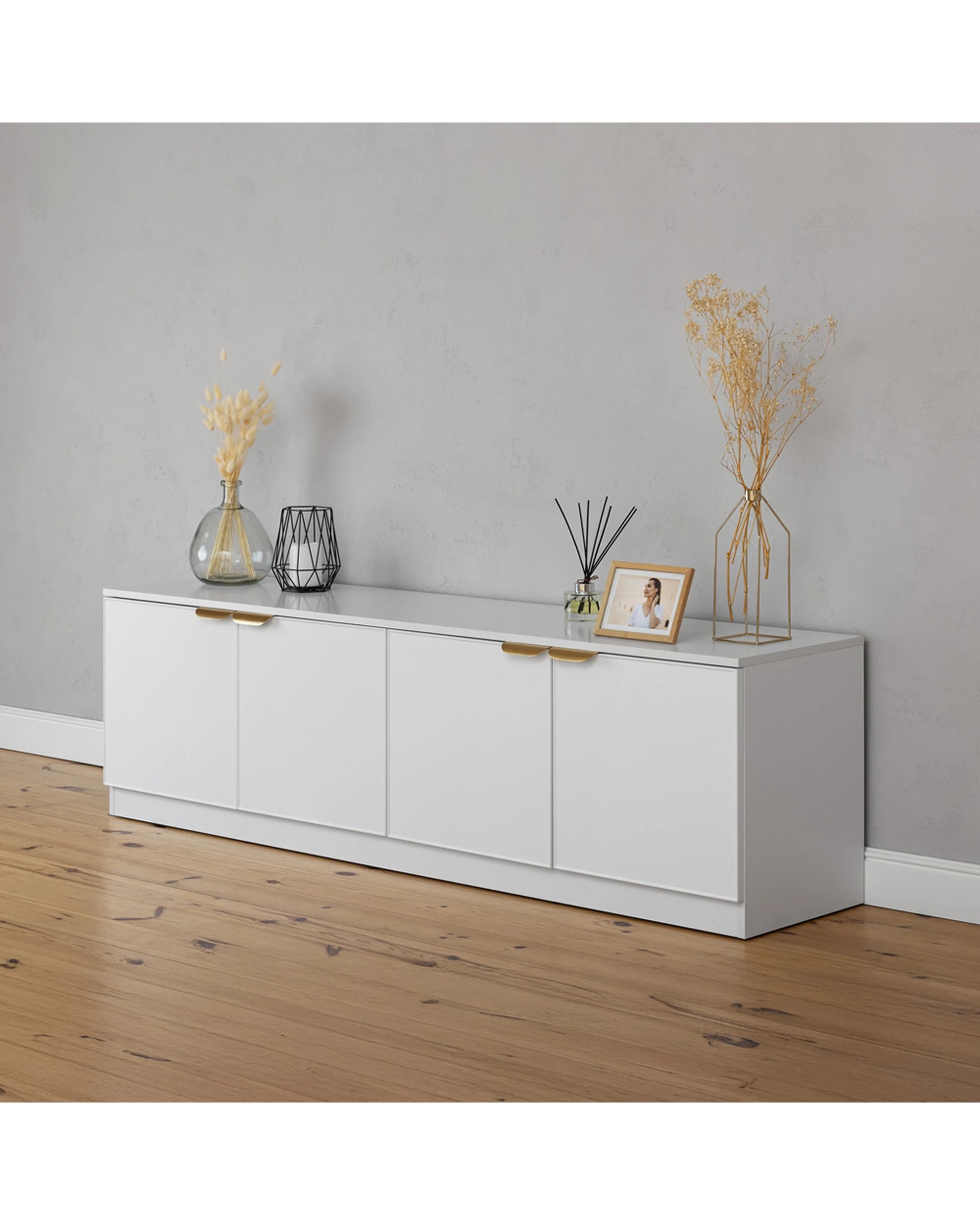 3 European Cabinetry Bucharest Slim Panel TV Unit Brass Pull Handle - White, 3 of 4