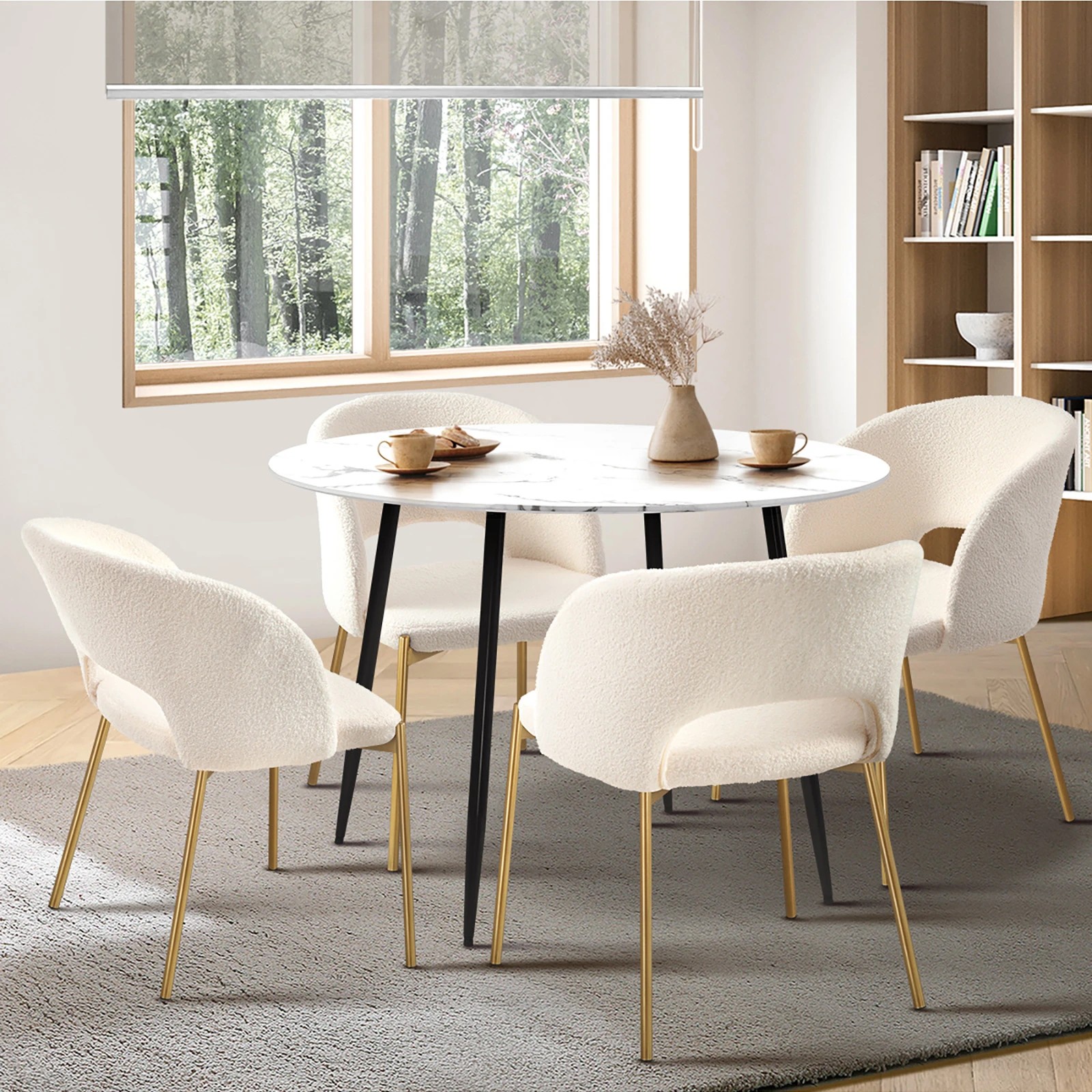 3 Oikiture 110cm Round Dining Table With 4pcs Dining Chairs Sherpa Gold Metal Legs
 - Multi, 3 of 10