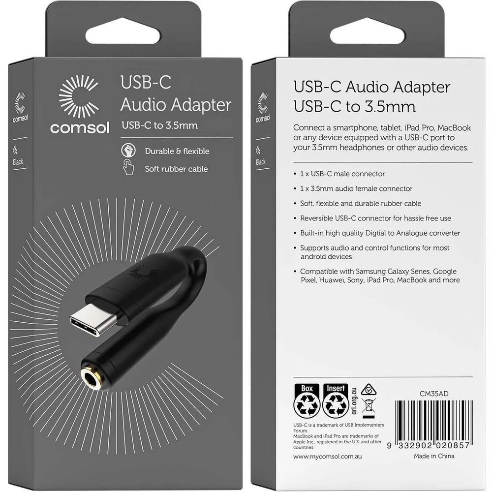 6 Comsol USB-C to 3.5mm Audio Adapter Black, 6 of 6