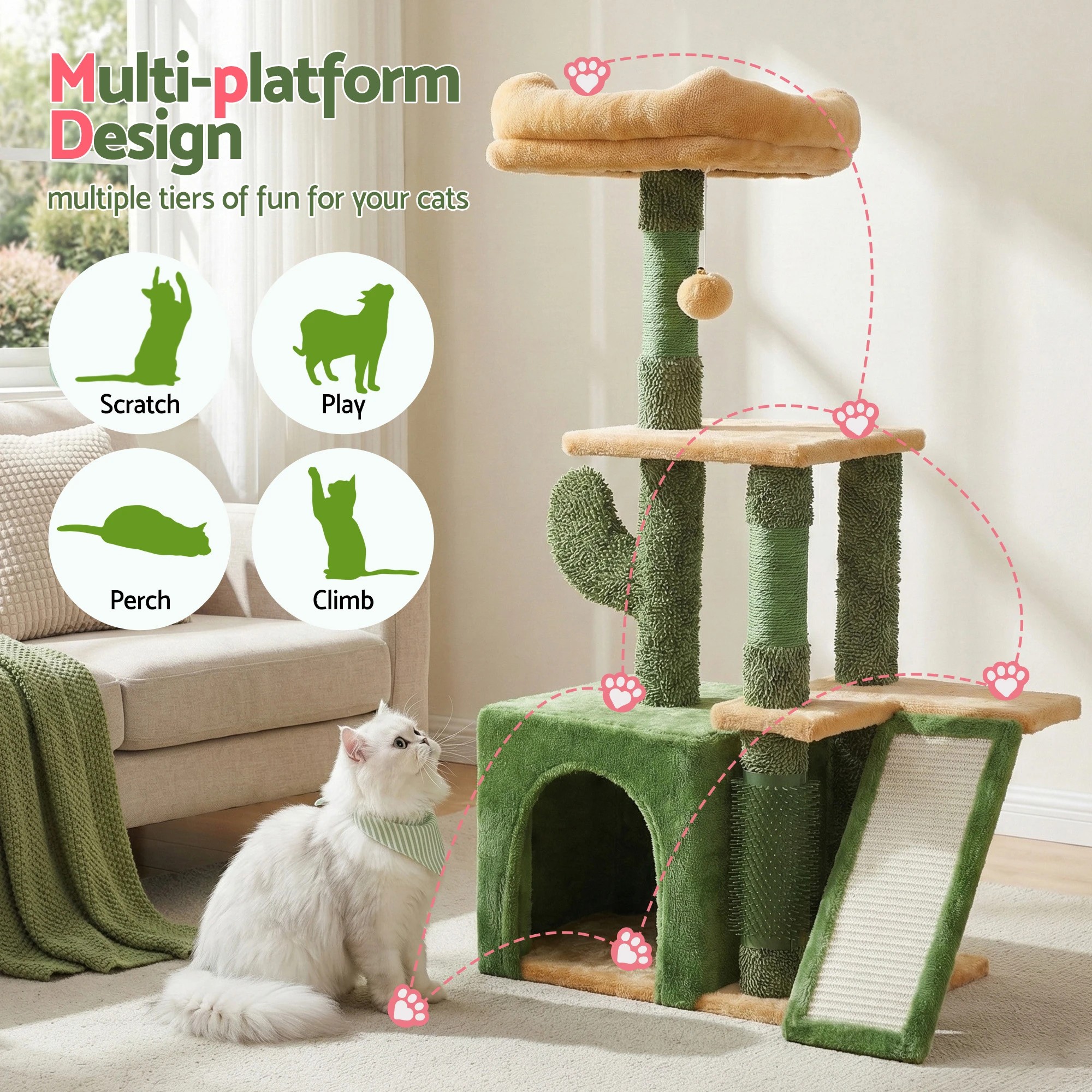 2 i.Pet Cat Tree Tower 101cm Scratching Post Furniture Scratcher House - Green, 2 of 7