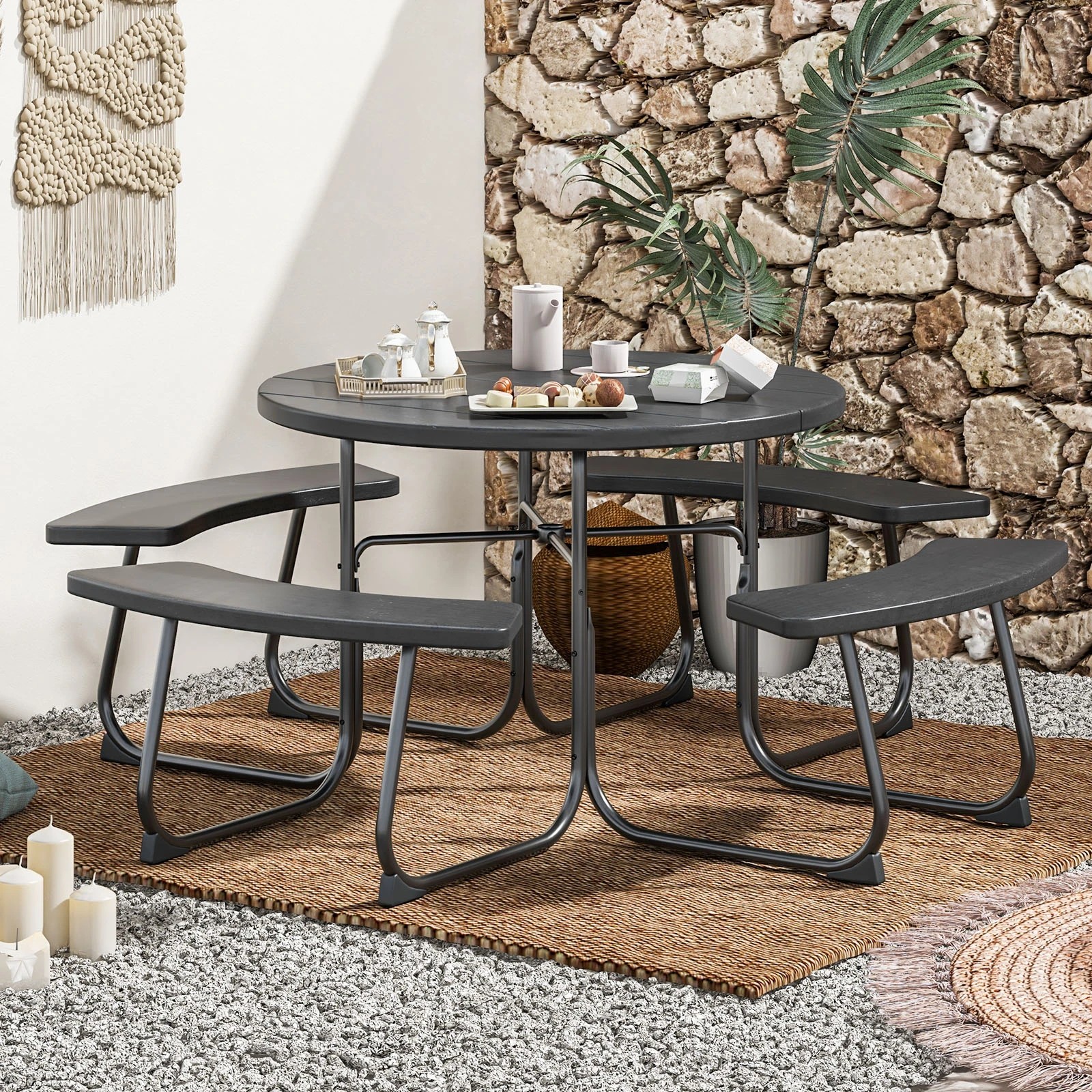 3 Costway 8-person Round Picnic Table Bench Set Outdoor All Weather Dining Table w/Umbrella Hole - Black, 3 of 3
