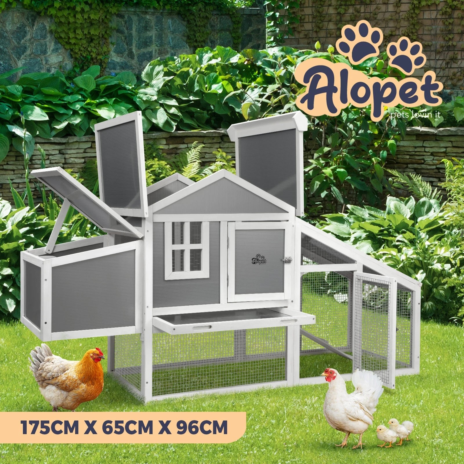 3 Alopet Chicken Coop Rabbit Hutch Large Wooden House Run Hatch Box Open Roof - Grey, 3 of 10