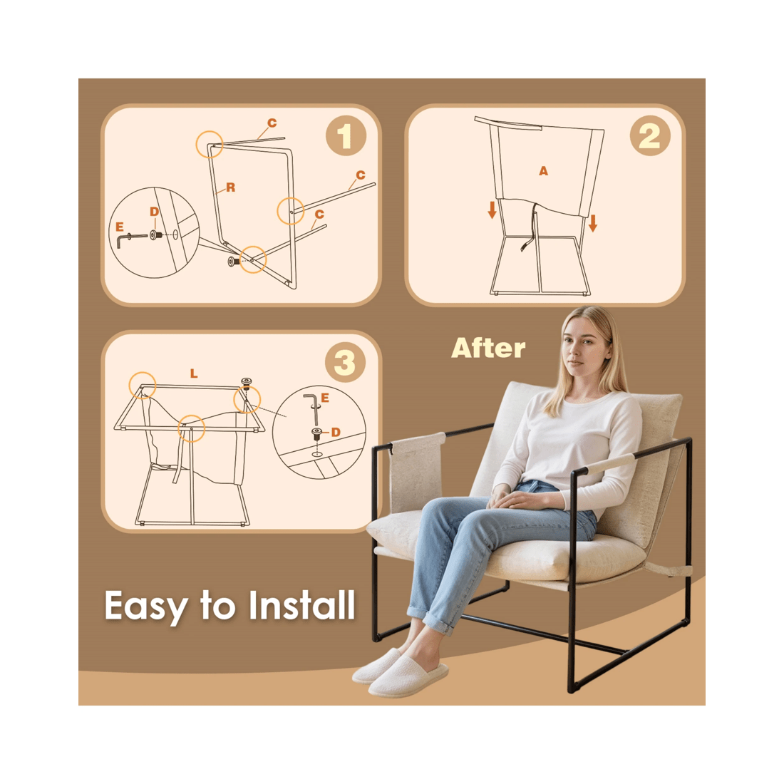 10 Advwin Sling Accent Chair Linen Lounge Chair Armchair with Upholstered Cushions & Side Pocket Beige, 10 of 10