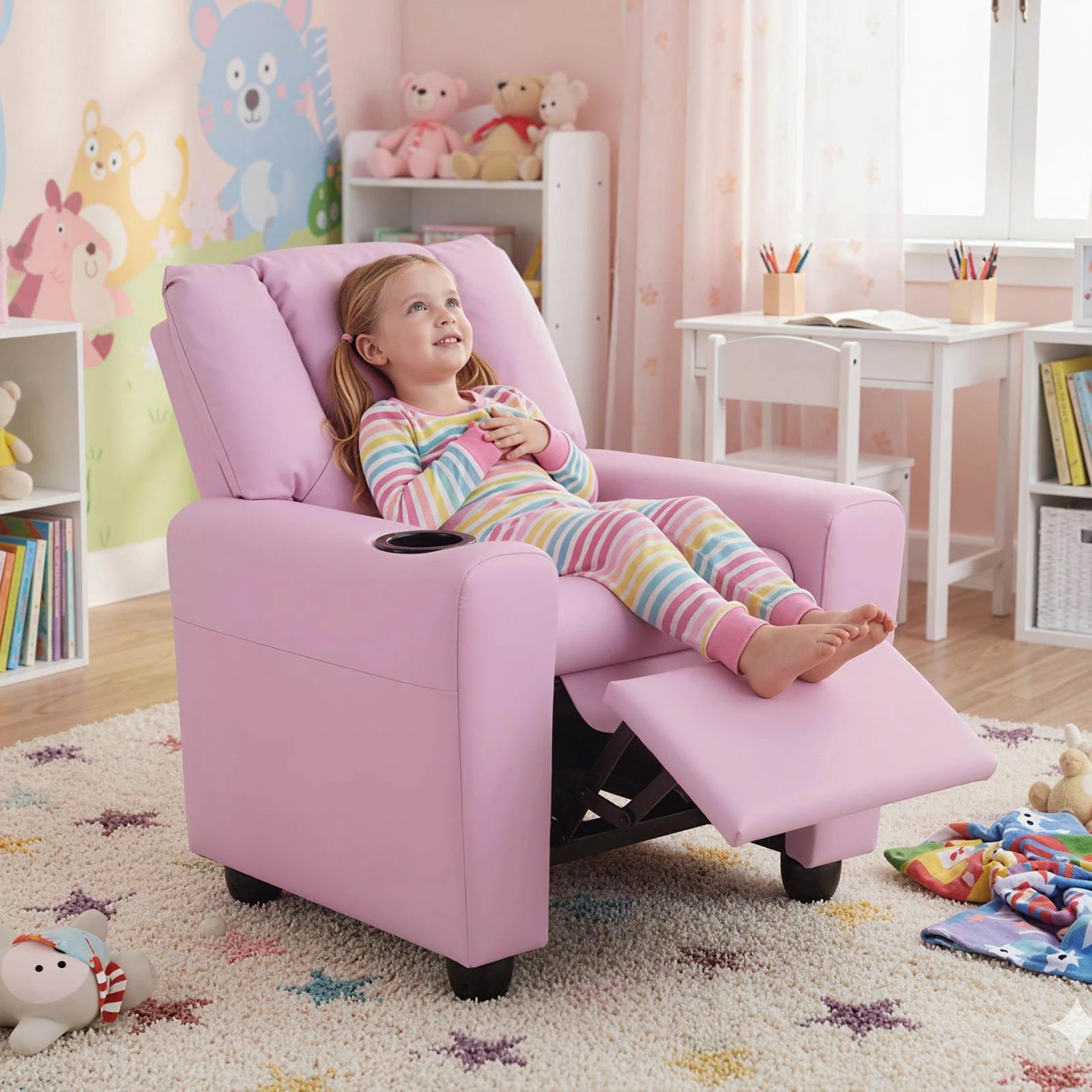 2 Costway Recliner Chair PU Leather Push Back Kids Sofa - Pink, 2 of 2