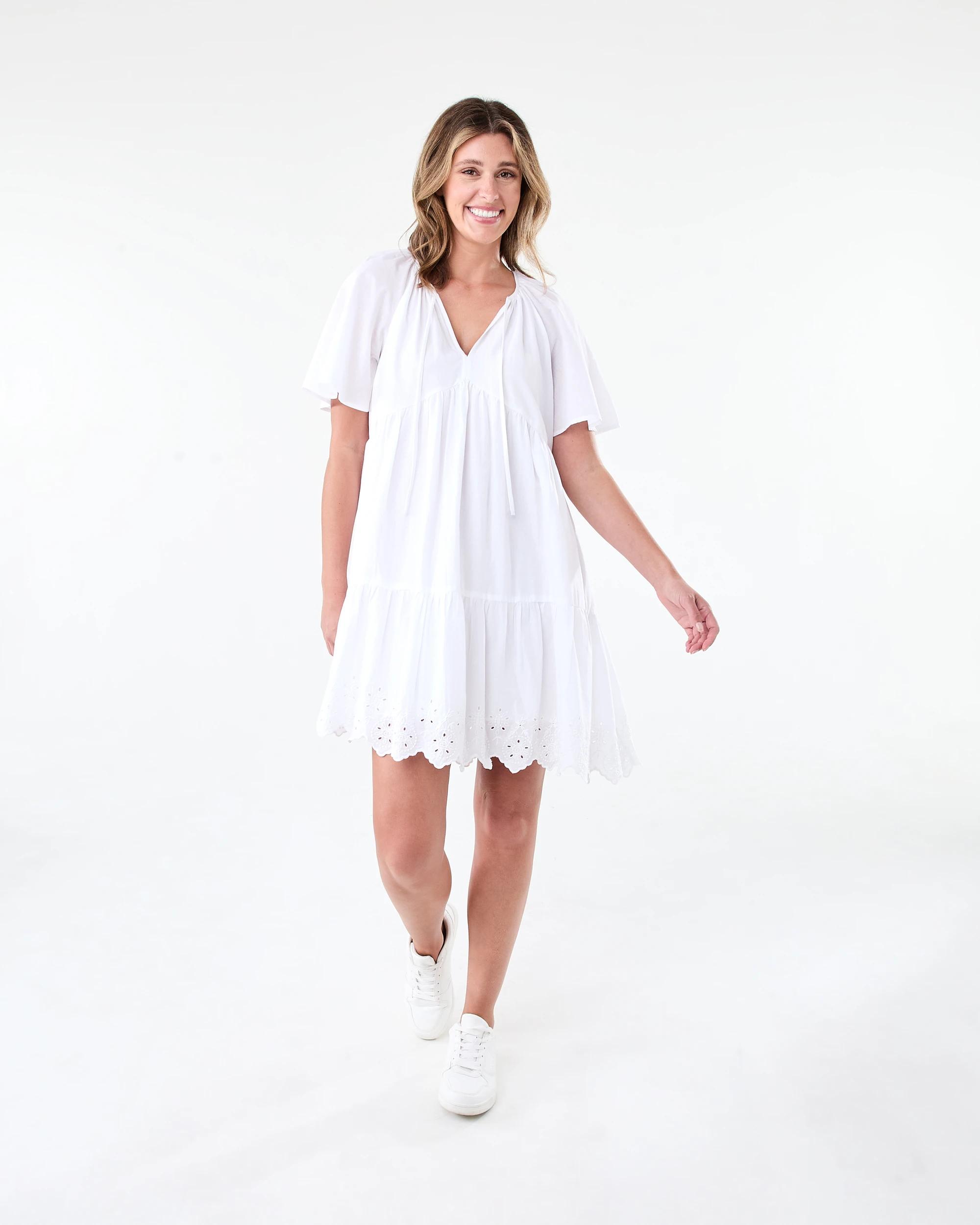 8 Short Flutter Sleeve Broderie Mini Dress White, 8 of 8