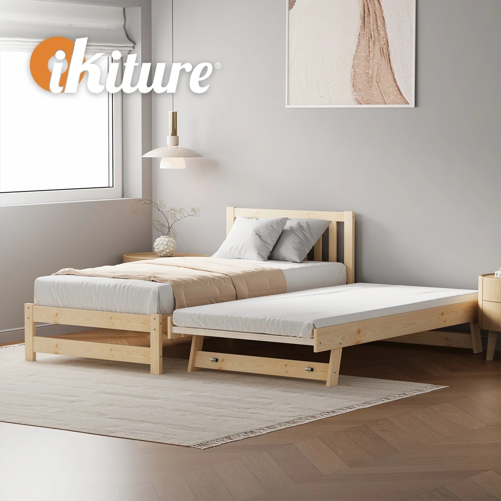5 Oikiture Trundle Kids Bed Frame Single Wood - Natural, 5 of 10