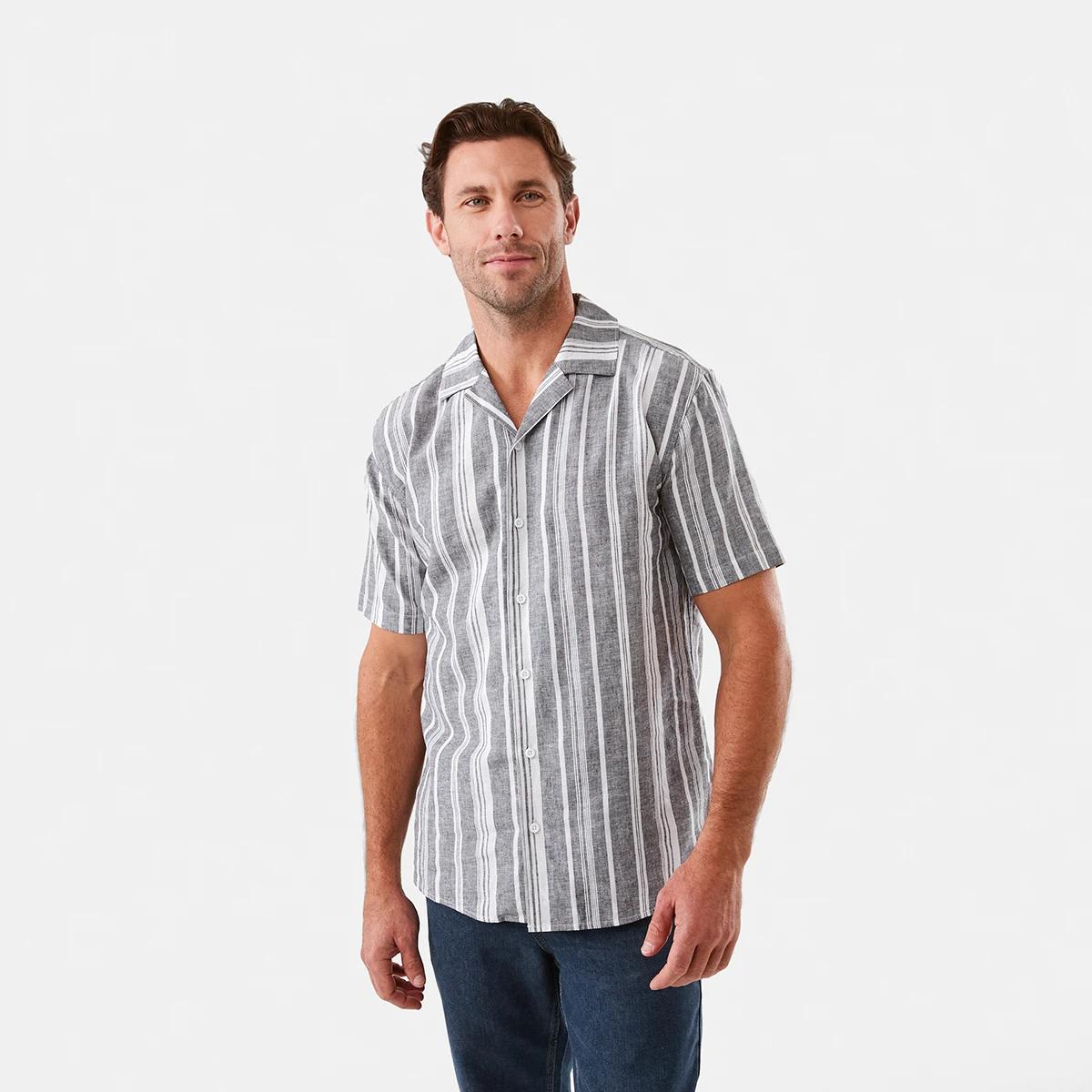 1 Short Sleeve Striped Linen Blend Shirt Blk Stripe, 1 of 6