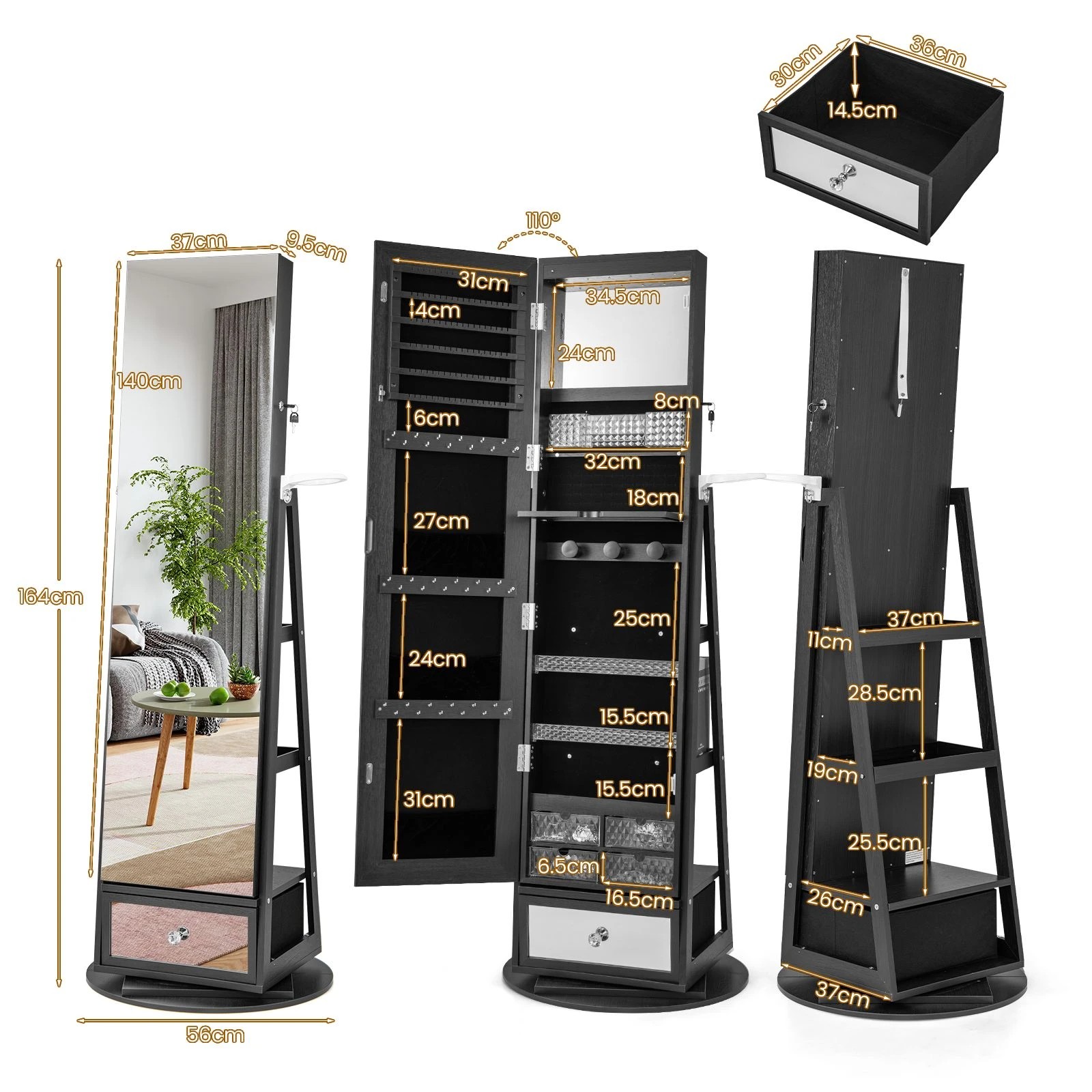 4 Costway Rotatable Jewellery Storage Armoire Lighted Mirror Cabinet Makeup Jewelry Organizer - Brown, 4 of 5