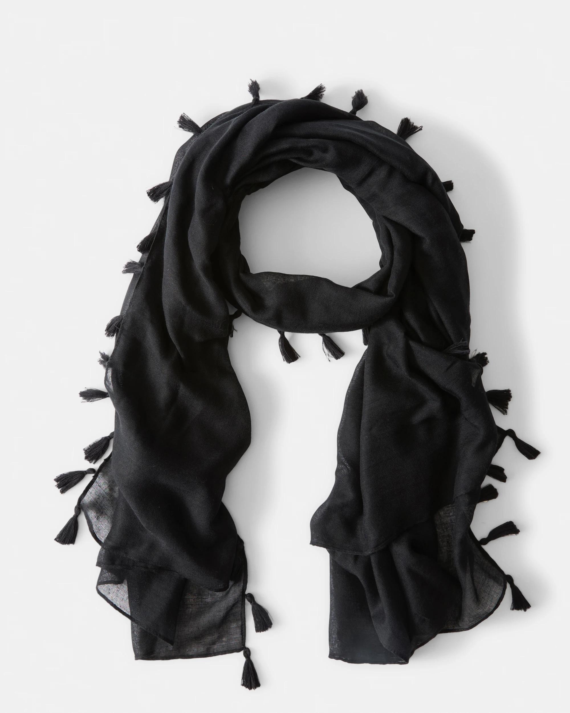 1 Tassel Lightweight Scarf Black, 1 of 3