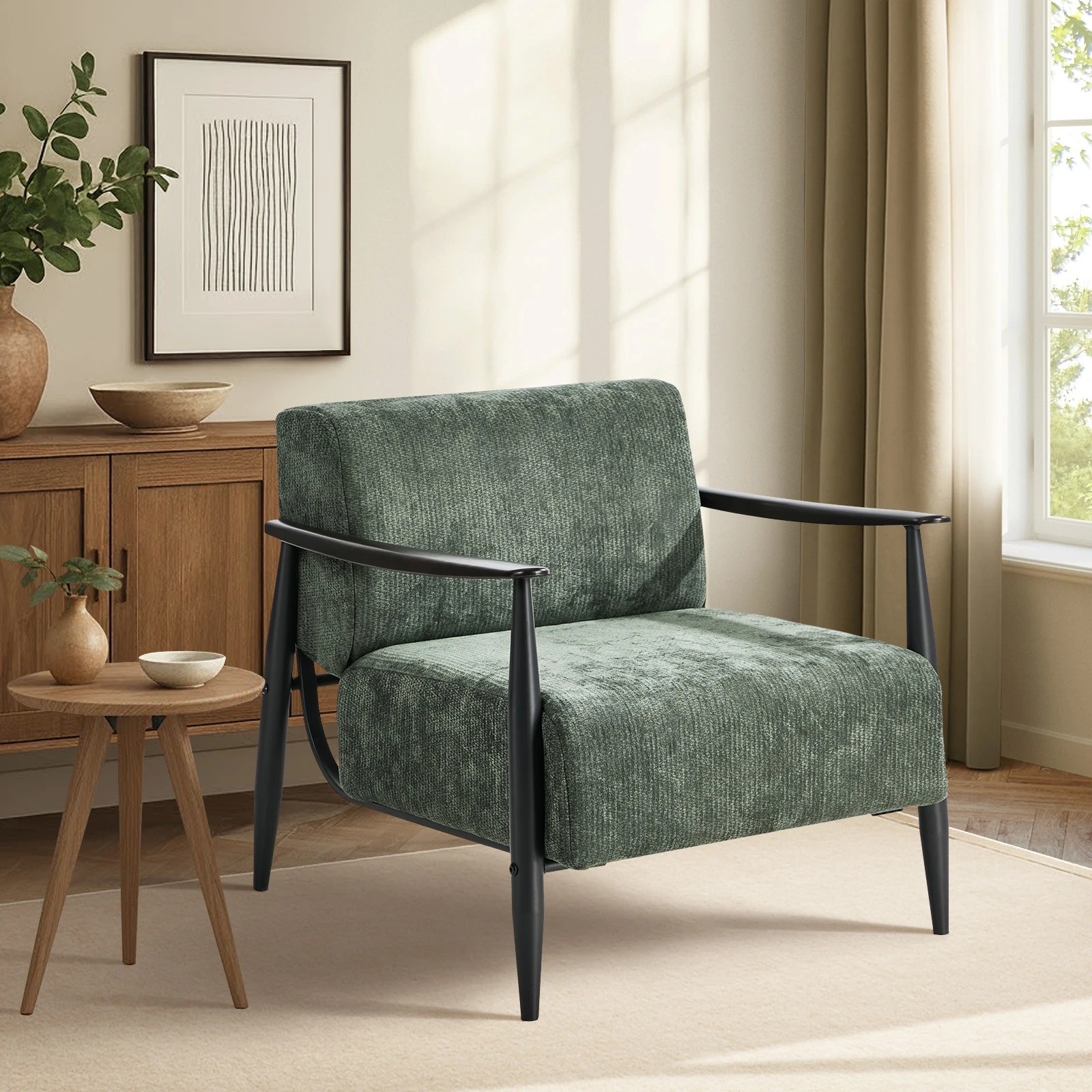 3 Oikiture Wooden Armchair Lounge Sofa Chair Fabric Accent Armchairs - Green, 3 of 10