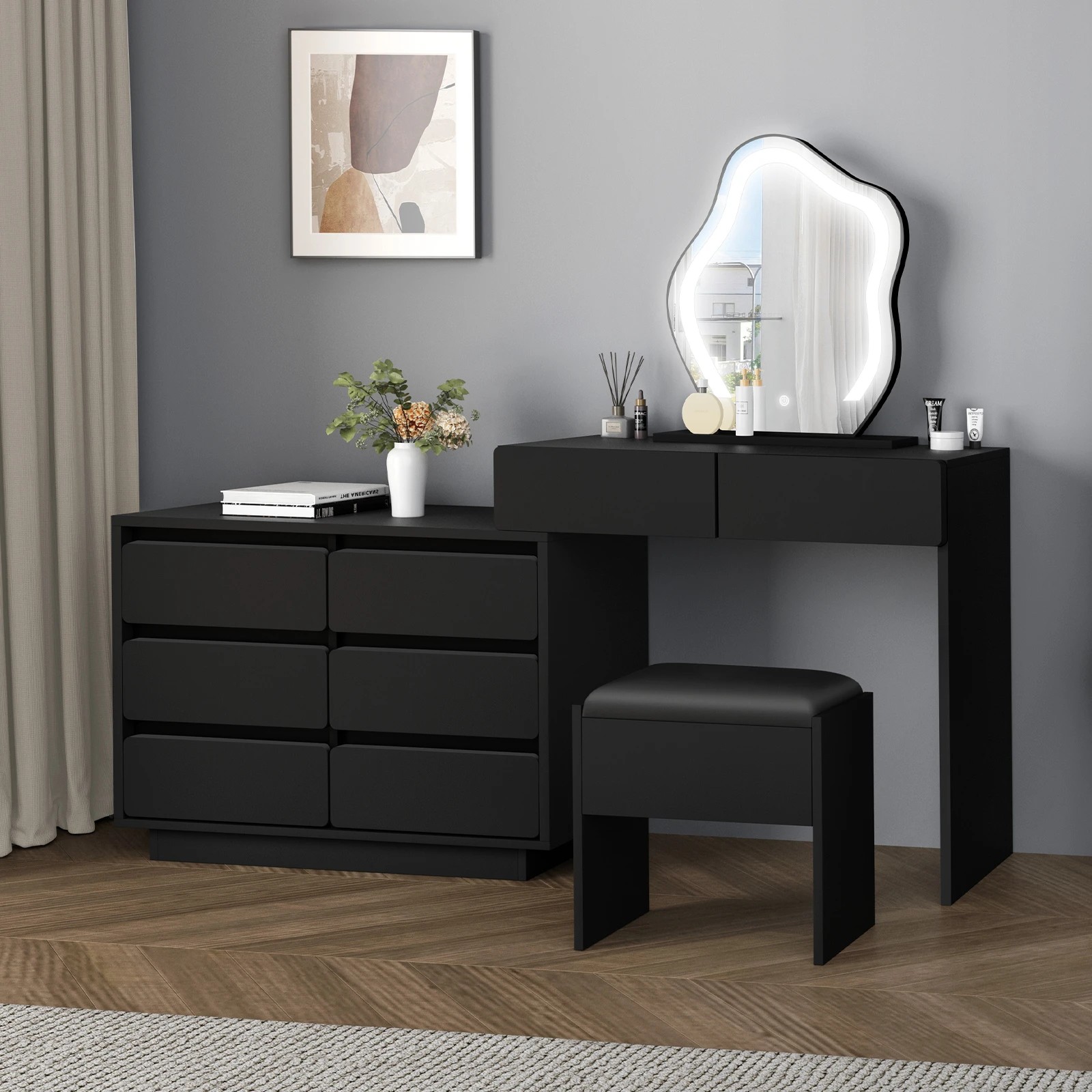 1 Alfordson Dressing Table Stool Set Makeup Mirror Desk LED 8 Drawers - Black, 1 of 10