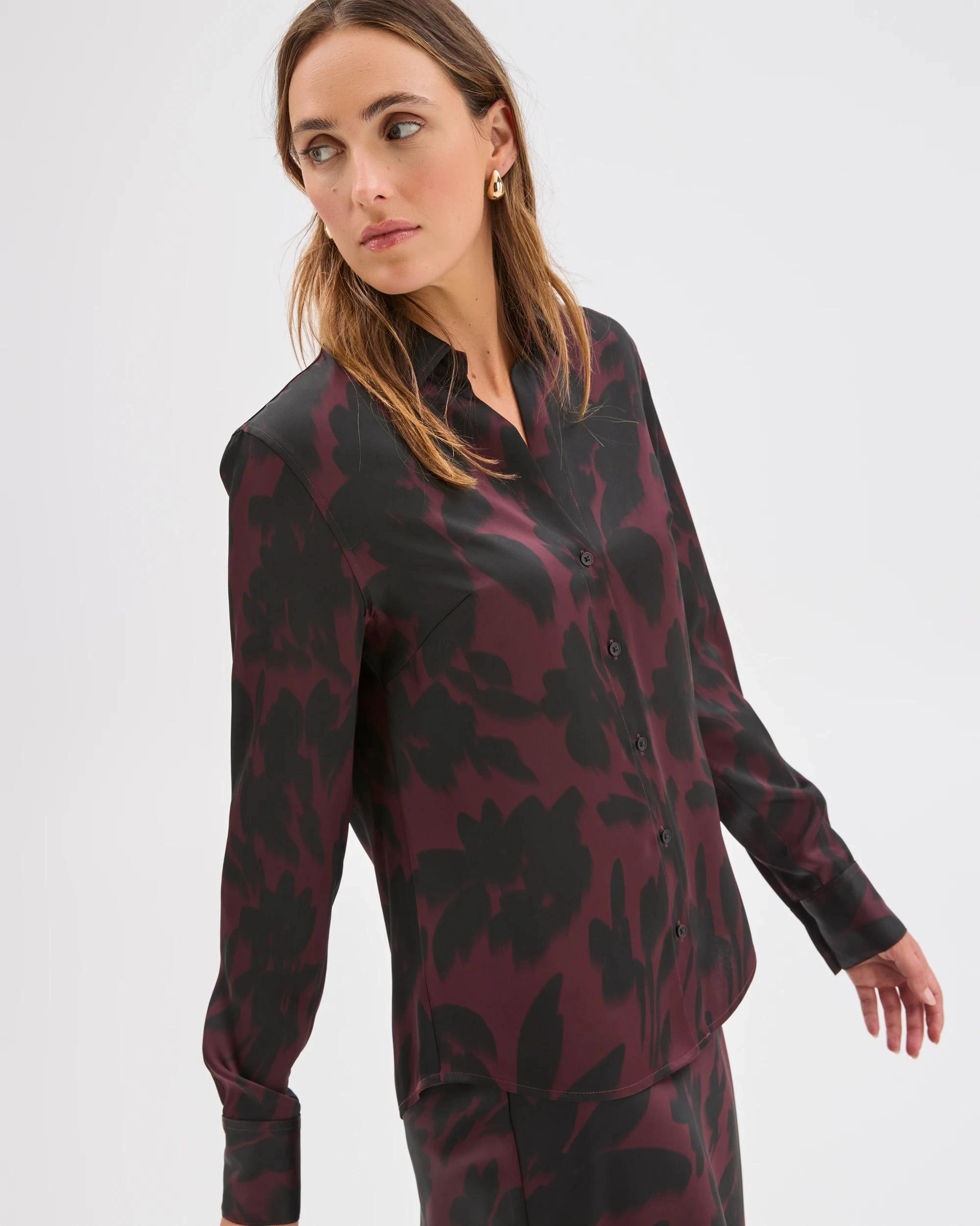 2 Preview Satin Long Sleeve Button Up Shirt FLORAL BLUR, 2 of 7