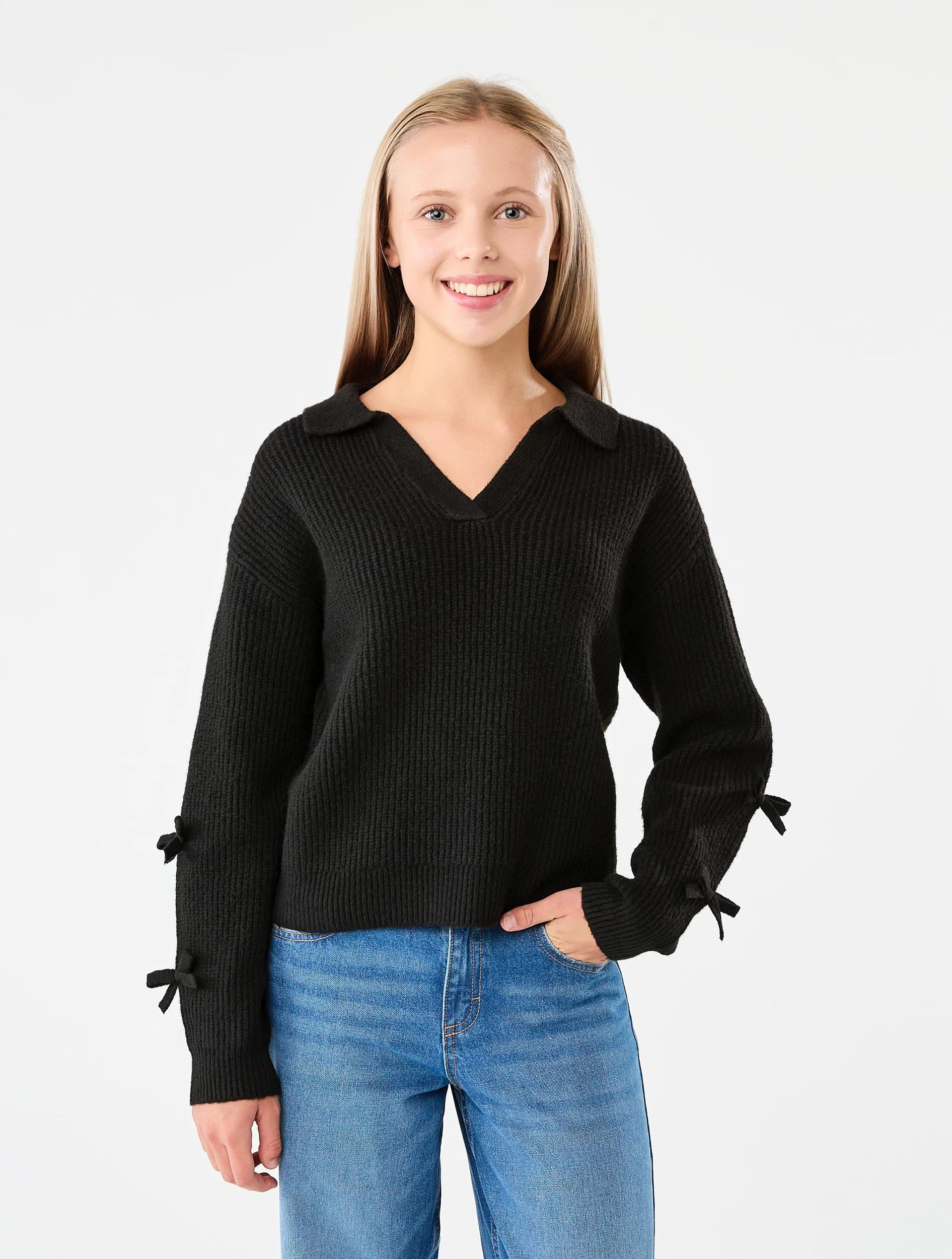 1 Bow Sleeve Rugby Knit Top Black, 1 of 7