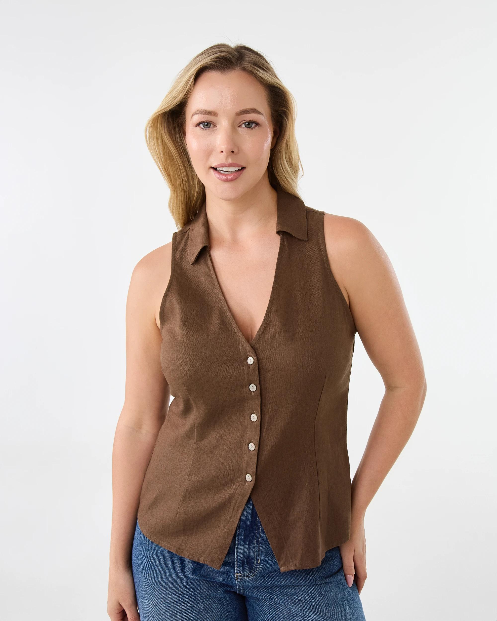 1 Sleeveless Collared Linen Blend Button Top Mochbrown, 1 of 7