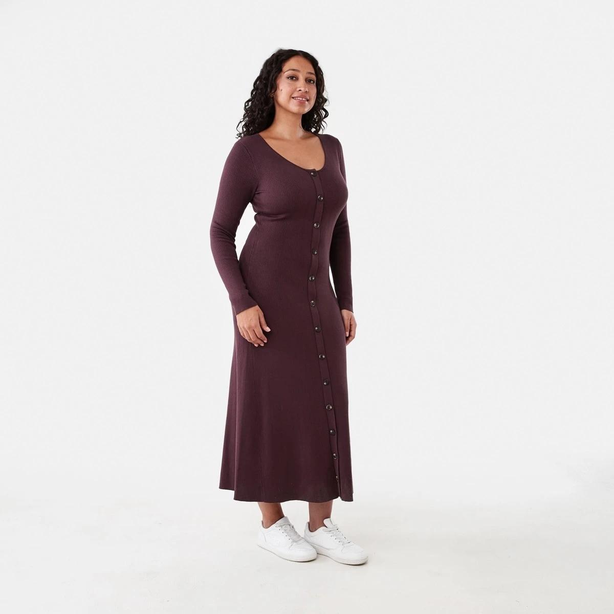 2 Long Sleeve Button Through Knit Maxi Dress Berry Marl, 2 of 6
