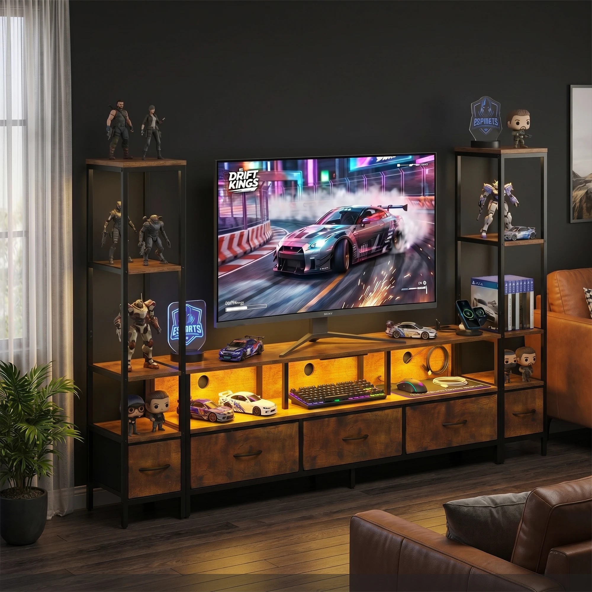 6 Advwin 197cm TV Stand with Bookshelf Entertainment Center with Power Outlet & LED Lights - Brown, 6 of 7