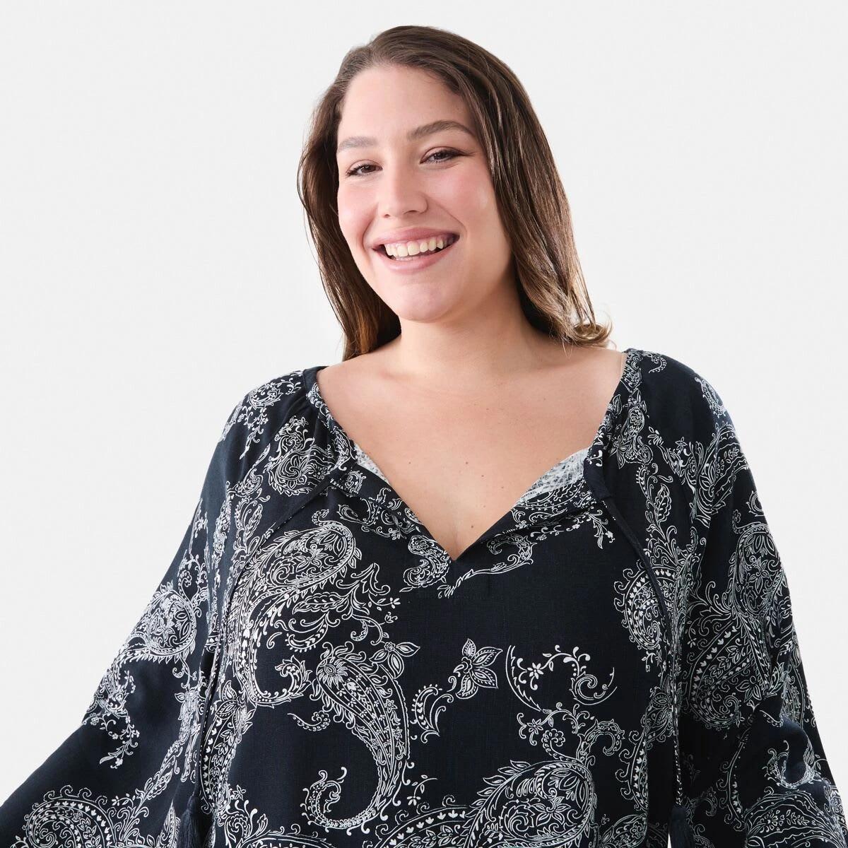 4 Curve Long Sleeve Tassel Blouse Nvy Paisly, 4 of 6
