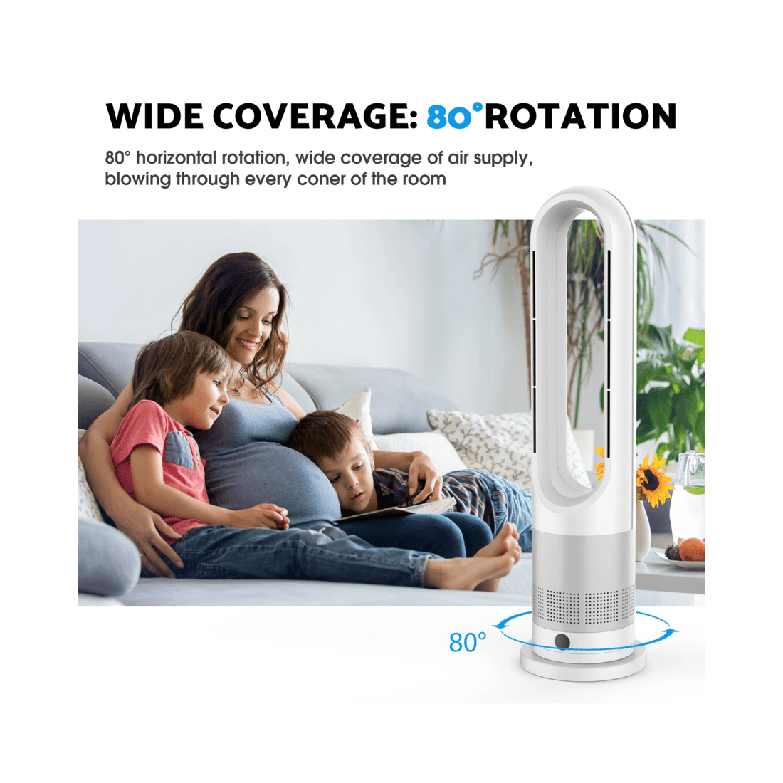 7 Advwin Bladeless Tower Fan, 2 In 1 Electric Fan Heater With 8 Speeds, For Room Bedroom Office Use, 7 of 8