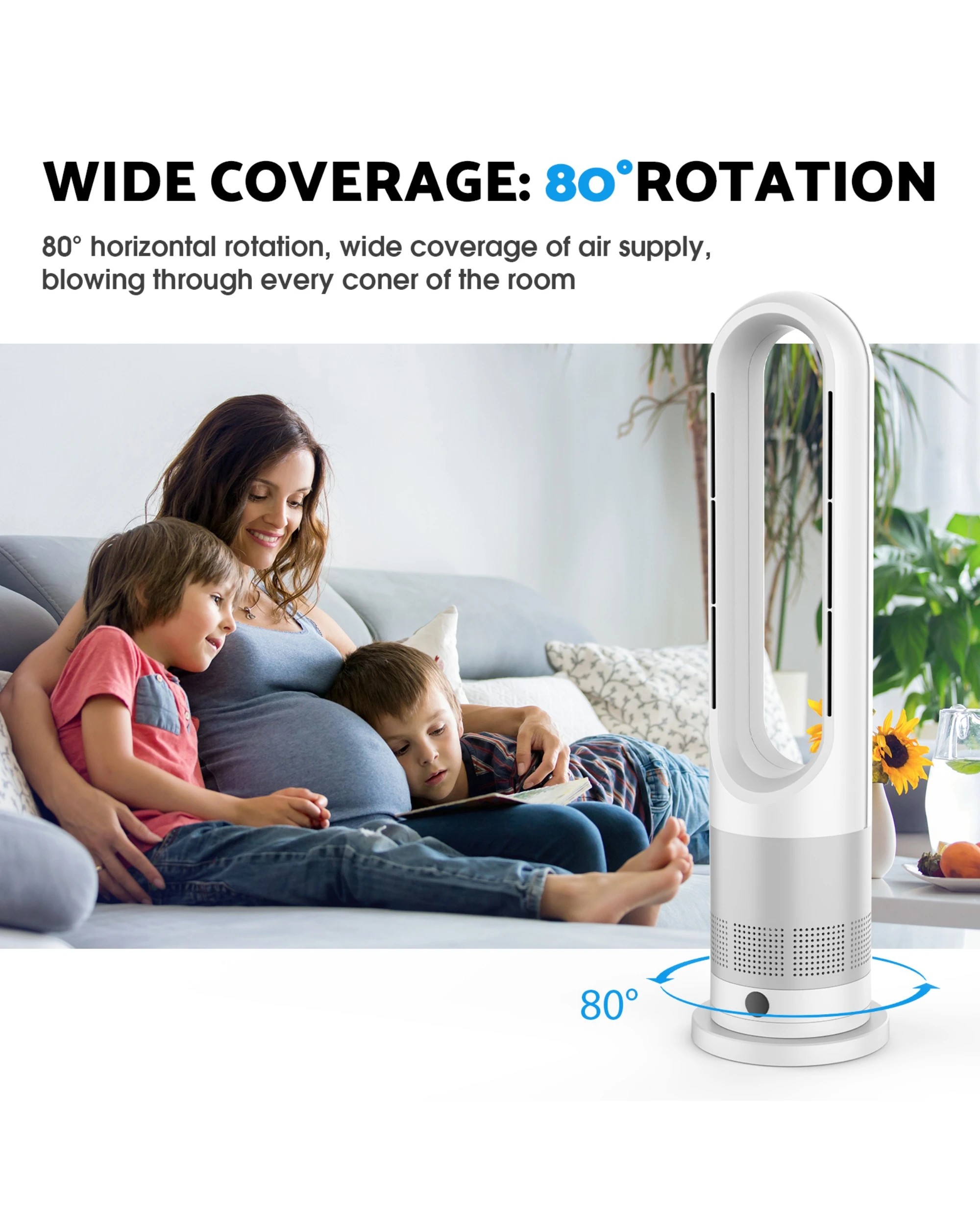 7 Advwin Bladeless Tower Fan, 2 In 1 Electric Fan Heater With 8 Speeds, For Room Bedroom Office Use, 7 of 8