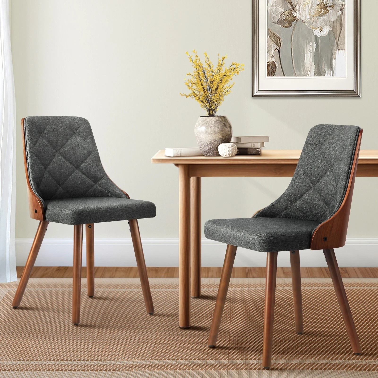 2 Oikiture 2x Dining Chairs Wooden Chair Kitchen Cafe Faux Linen Fabric Padded Seat
 - Grey, 2 of 10