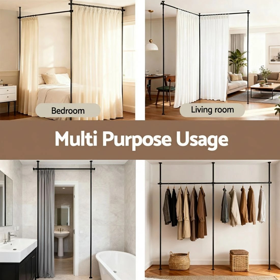 7 Artiss Room Divider Curtain Rod Extendable - Black, 7 of 8