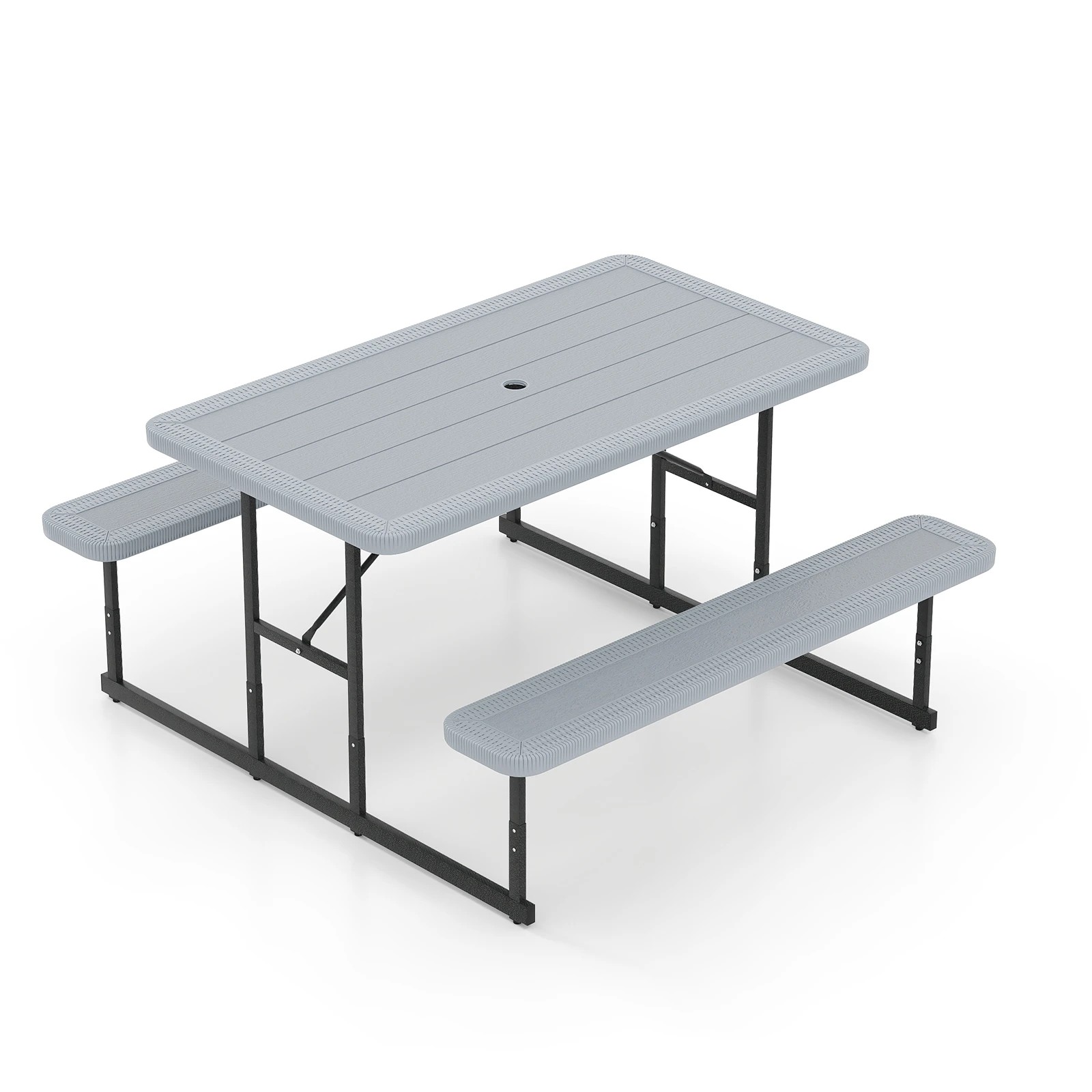 1 Costway 2-4 People Picnic Table Bench Set w/Umbrella Hole Outdoor Camping Table & Chairs - Grey, 1 of 3