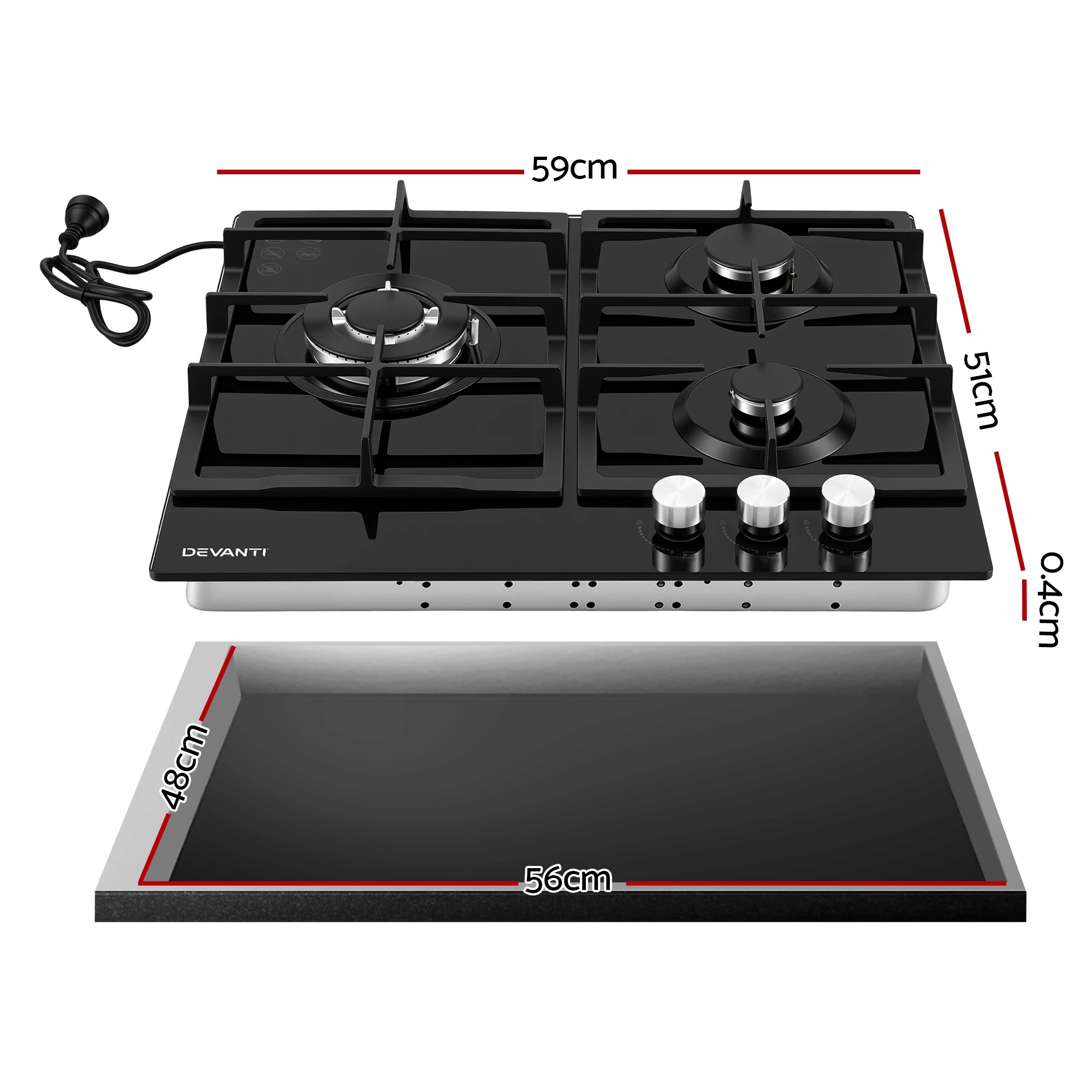 2 Devanti 59cm Gas Cooktop 3 Burner - Black, 2 of 10