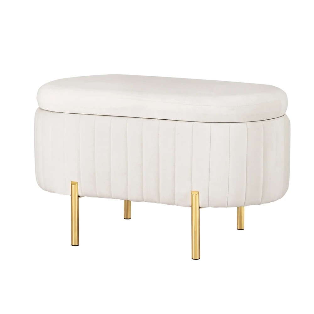 1 Artiss Storage Ottoman Blanket Box 87cm Velvet Oval - White, 1 of 5