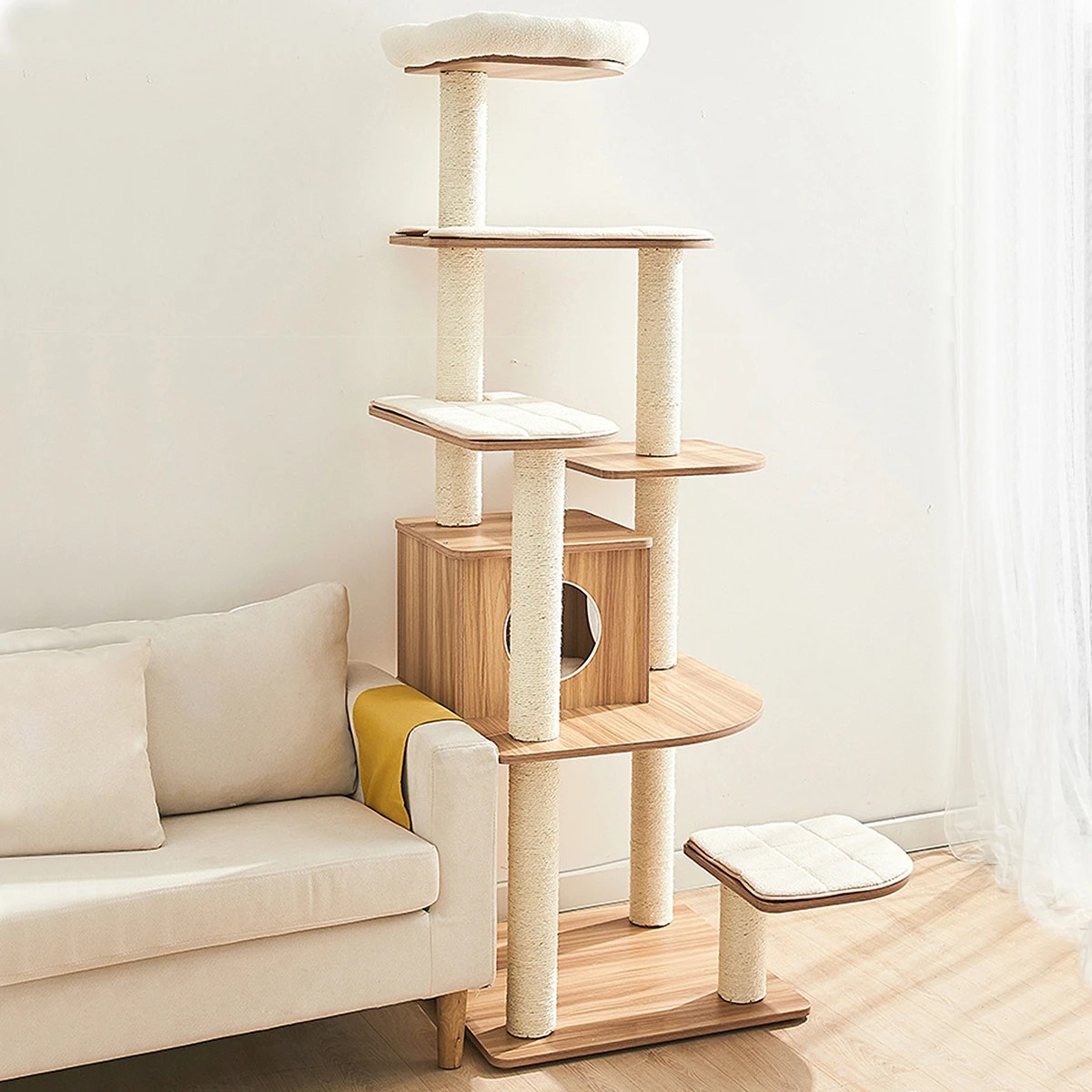 5 Costway 179cm Tall Wooden Cat Tree 7-Layer Cat Tower w/Cat Condo - Natural, 5 of 7