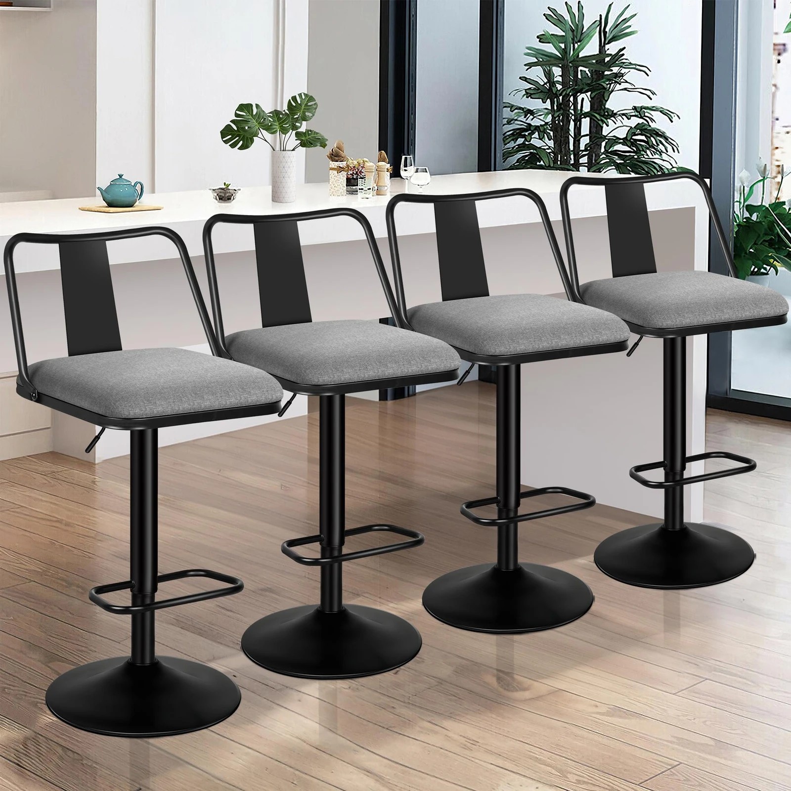 2 Alfordson 4x Bar Stools Gas Lift Fabric Bar Chairs Kitchen Swivel Gloria - Grey, 2 of 10