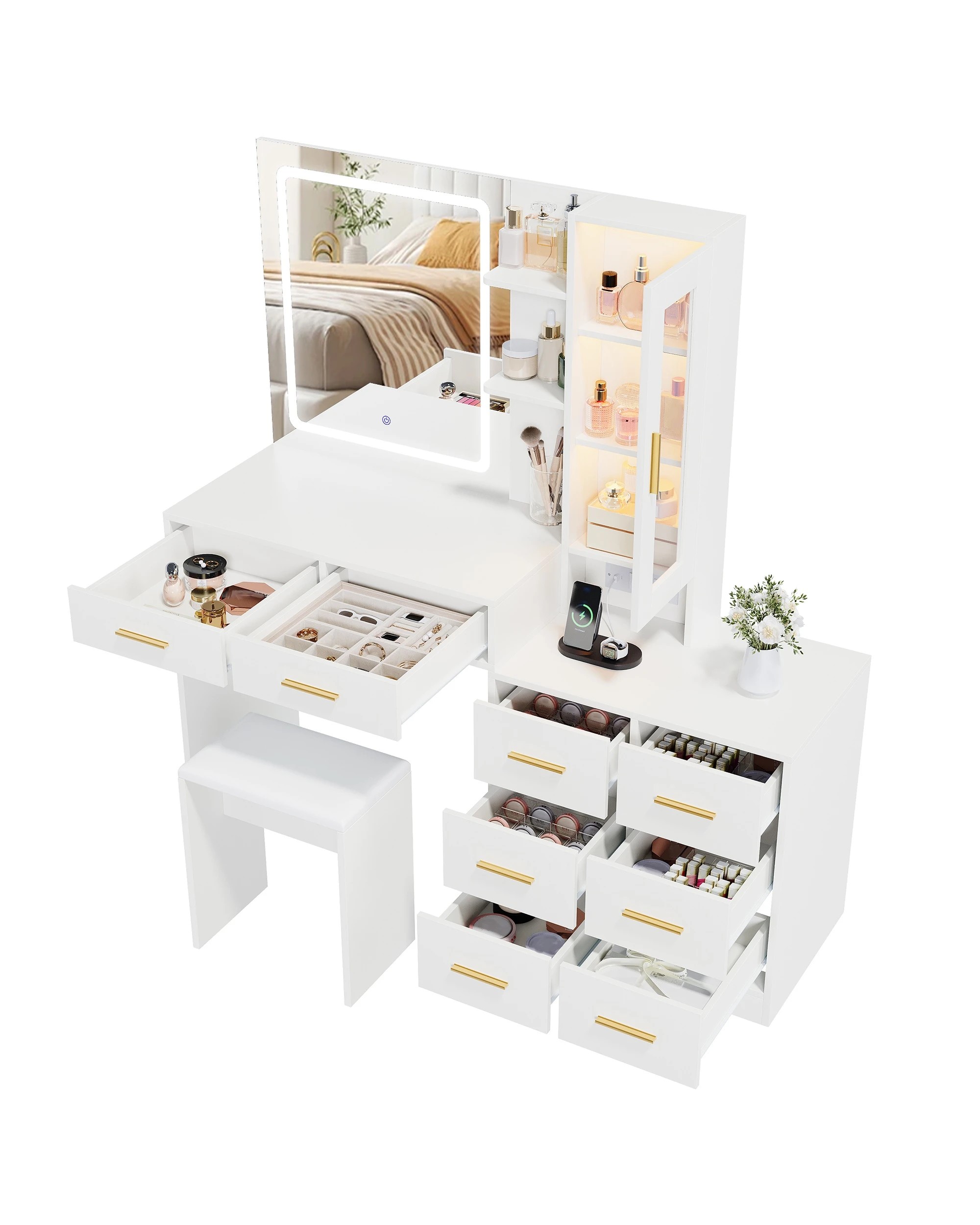 5 Advwin Dressing Table with LED Mirror RGB Cabinet 8 Drawers & Charging Station - White, 5 of 9